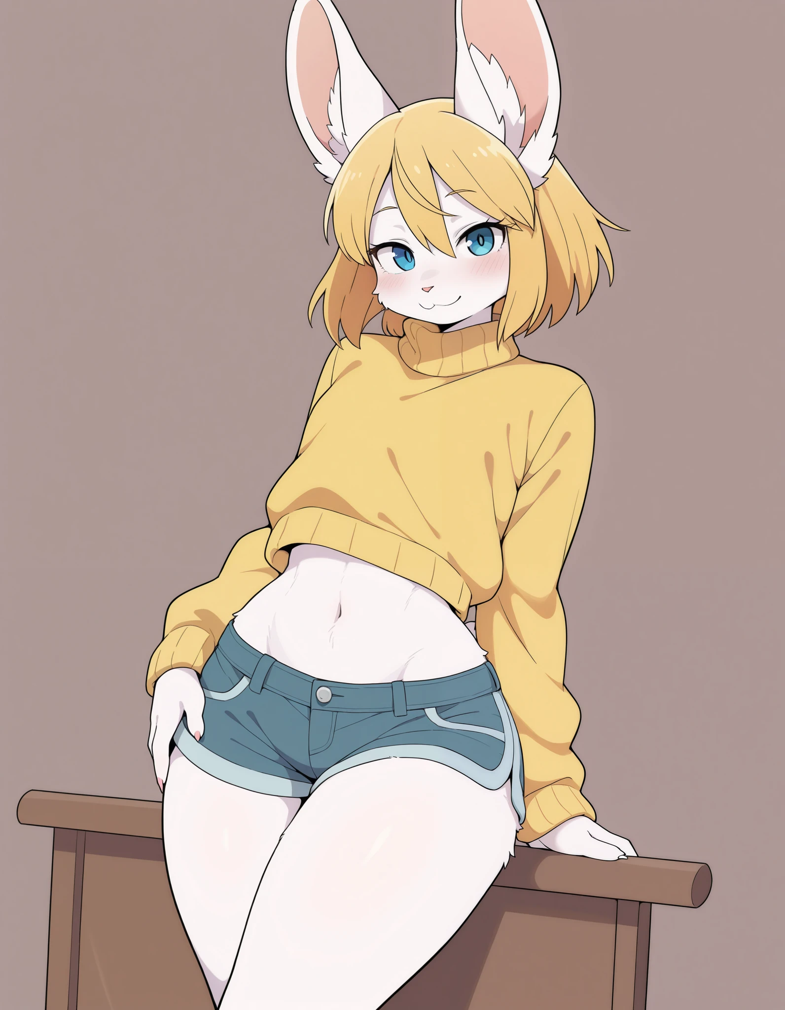 solo, Dagashi_(Daga2626), 1girl, furry female, furry, 1girl,, Very detailed illustration, (Anthropomorphic furry rabbit boy:1,7) , tousled voluminous hair, Playful look, Slim, ideal body, thin waist, wide hips, Simple drawing, Artifyber style, pastel flat colors, Cute, cartoon, sweater, short shorts