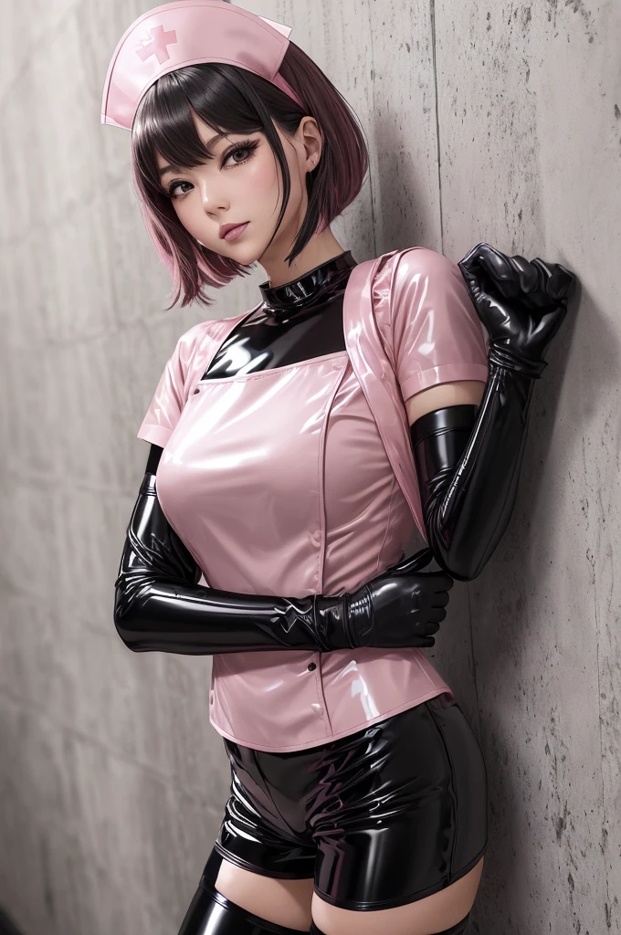 Nakid,rubbery,Black corset,catsuits,collars,NSFW,((HighestQuali,8K,tmasterpiece:1.3)),Clear focus:1.2,Beautiful Women in Perfect Figure:1.4,Slender abs:1.2,Moist body:1.5,Highly Detailed Face and Skin Textur,Detailed eyes,double eyelid,Very short hair,8k, full hd, European woman, pink hair