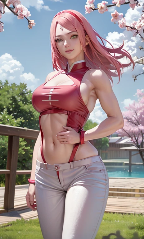 masterpiece, best quality, beautiful art, high resolution, well formed hands, body and fingers, 1 woman, solo, Ichika Nakano, pink hair, full body picture, grown up, adult, large and rounded breasted, cleavage, hair ornament, wearing a Tyris Flare outfit ,  white_bikini, full body, sexy and skimpy  bikini, gorgeous  hips, legs and thighs bouncing breasts, red boots, doing exercise, warming up, working out, sexy and captivating training, smiling joyfully and happily , looking at the viewer, , sweating , bouncing breasts, bikini thong,  training montage session, beach environment      