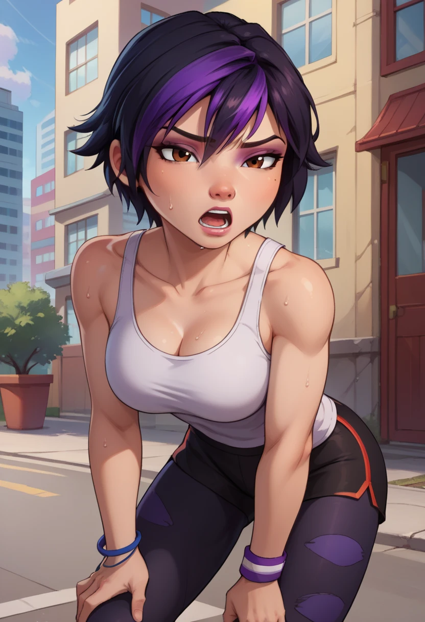 score_9, score_8_up, score_7_up, BREAK,gogotomago, 1girl, solo, short hair, black hair, jewelry, lo purple hair, bracelet, makeup, casual, leggings, capri pants, cowboy shot, brown eyes, looking at the viewer, large breasts,outdoors,city, hands on knees, bending over, white tanktop, sweaty, open mouth, exhuasted, 