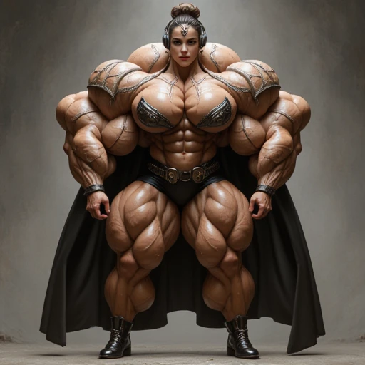 An extremely buff and pretty female super villainess. She wears a metal bra, black spandex shorts, metal high heel shoes, and a large cape, she has an alien head dress. She has gold eyes and has a villainess headset. Massive bulging muscles, large forearm muscles. Surrounded by an aura. Has a sinister smile. Large bulging calf muscles. Her hair is in a bun massive boobs, thin waist, wide hips, massive round butt.