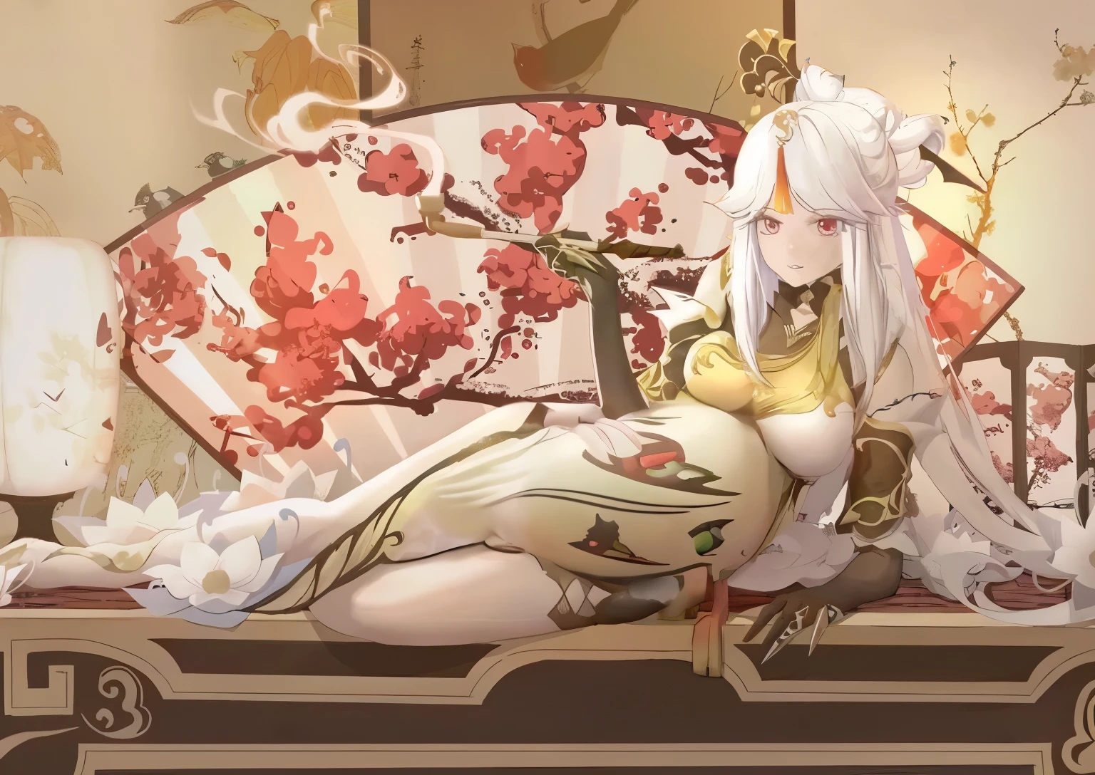 Ningguang(GENSHIN IMPACT)(white hair)(red eyes)vision(genshin impact)(sitting on bed)(cum dripping from pussy)(mouth full of cum)(nude)(looking at viewer)(lustful)cum driping from pussy