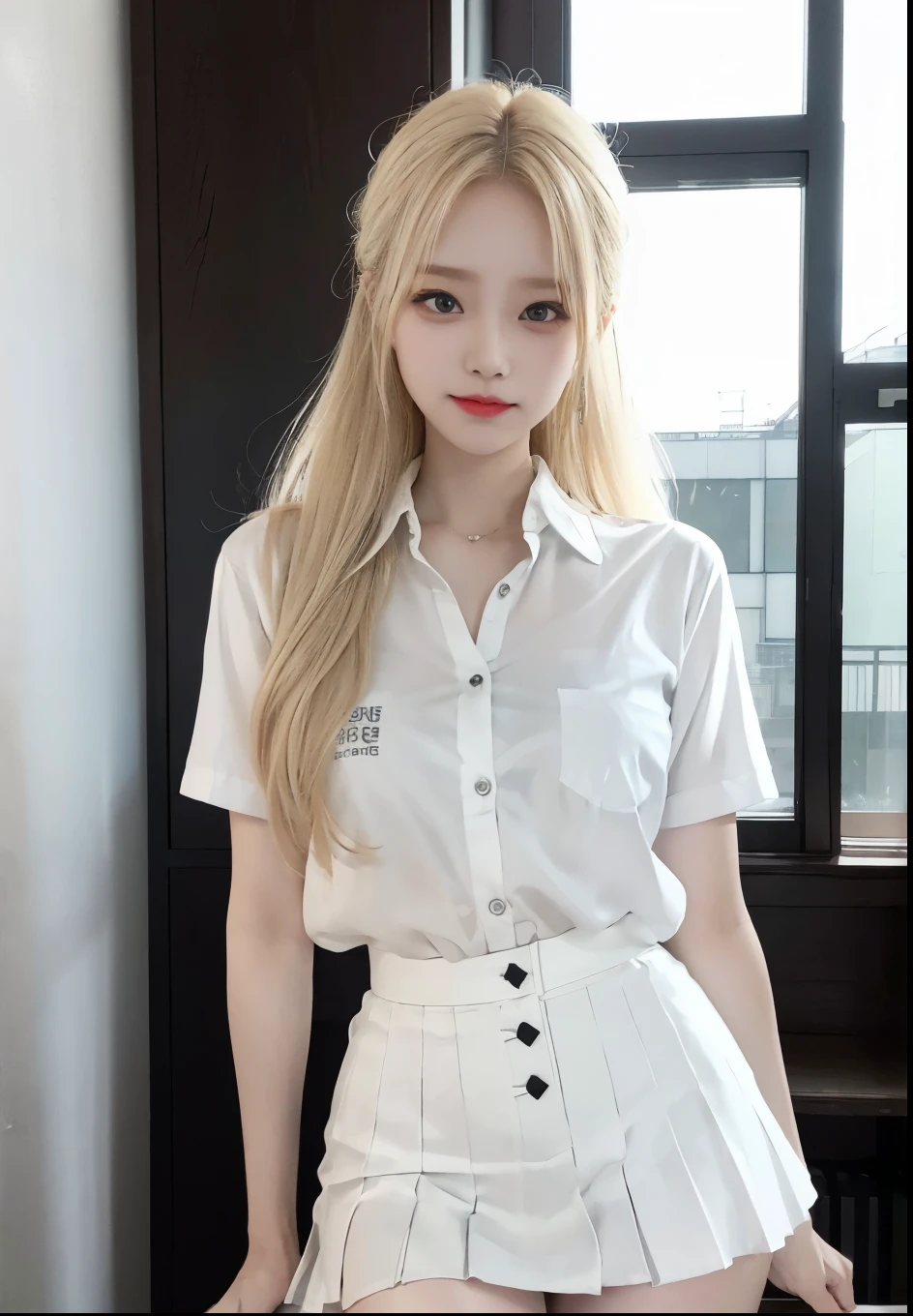 highest resolution, 8K, high definition, (((long hair))), ((Thai school uniform)), Age 16-18 years, stare, confident demeanor, earring, smile, blonde hair