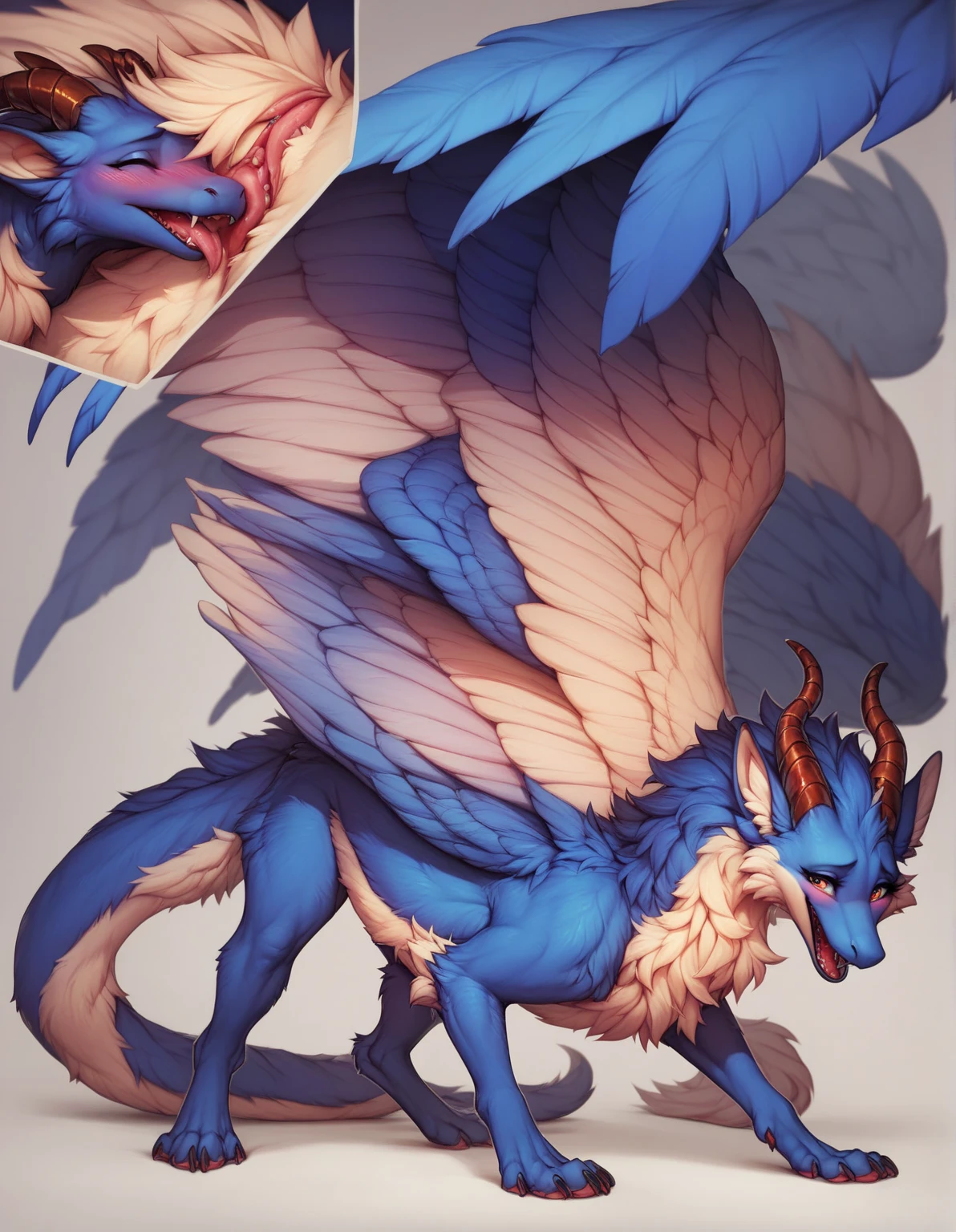 furry art, feral, furred dragon, female, full body, white and blue fur, thicc, wings, horns, tail, chest fluff, paws, fangs,  ton back, close up, embarrassed, happy, bent over, bent over with her ass to the viewer , extra fluffy,  extra fluffy, quadruped, 