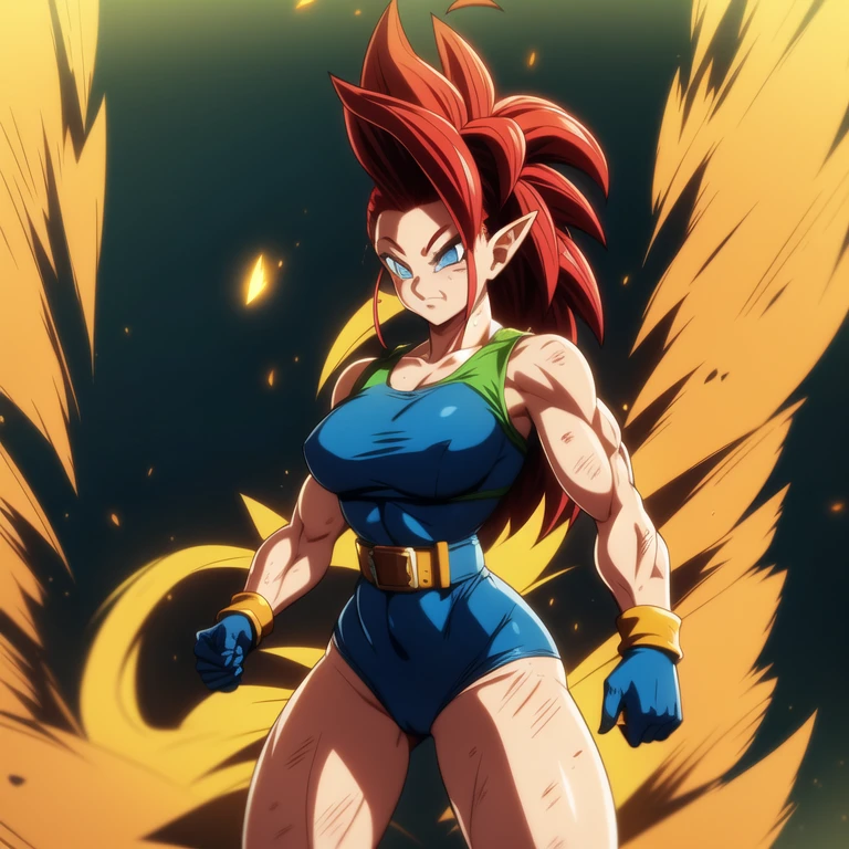 dbsuper style, 1
Girl, captain mizuki, green aura, super saiyan's aura, belt, pointed ears, elf ears, Red colored hair, huge hair, bruise, bruise on face, clenched hands, frown, gloves, blue eyes, grey gloves, evil grin, medium breasts, Aura around her, solo, high ponytail, mouth opened, furious, saiyan armor, armor,  powering up aura
, ((masterpiece)) 
