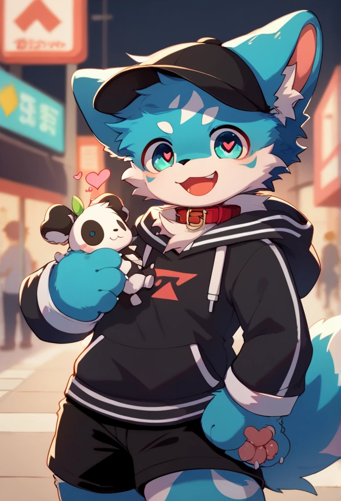  very detailedな, very detailed,Of blue fur, blue hair,,male,骨を見てExcited,Heart Eyes,participate,Red collar,Green-white and colored hat , cute face, fluffy fur like one,Excited,Horny boy,City,Smiling face,, fashionable town,doll,Dropped ears,Beautiful city , my mental age is  ,Want, black shorts with blue fur, sweatshirt ,  Long Sleeve ,Trendy,