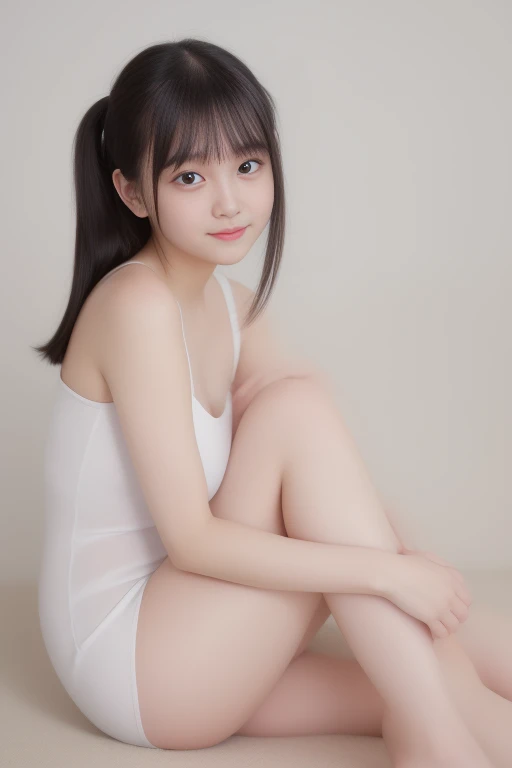  1 girl ,  high definition , masterpiece、 smiles,  Shortcut,  black hair,  turning your gaze , 、 sitting with legs open 、Big eyes and droopy eyes、round face、Full body portrait
