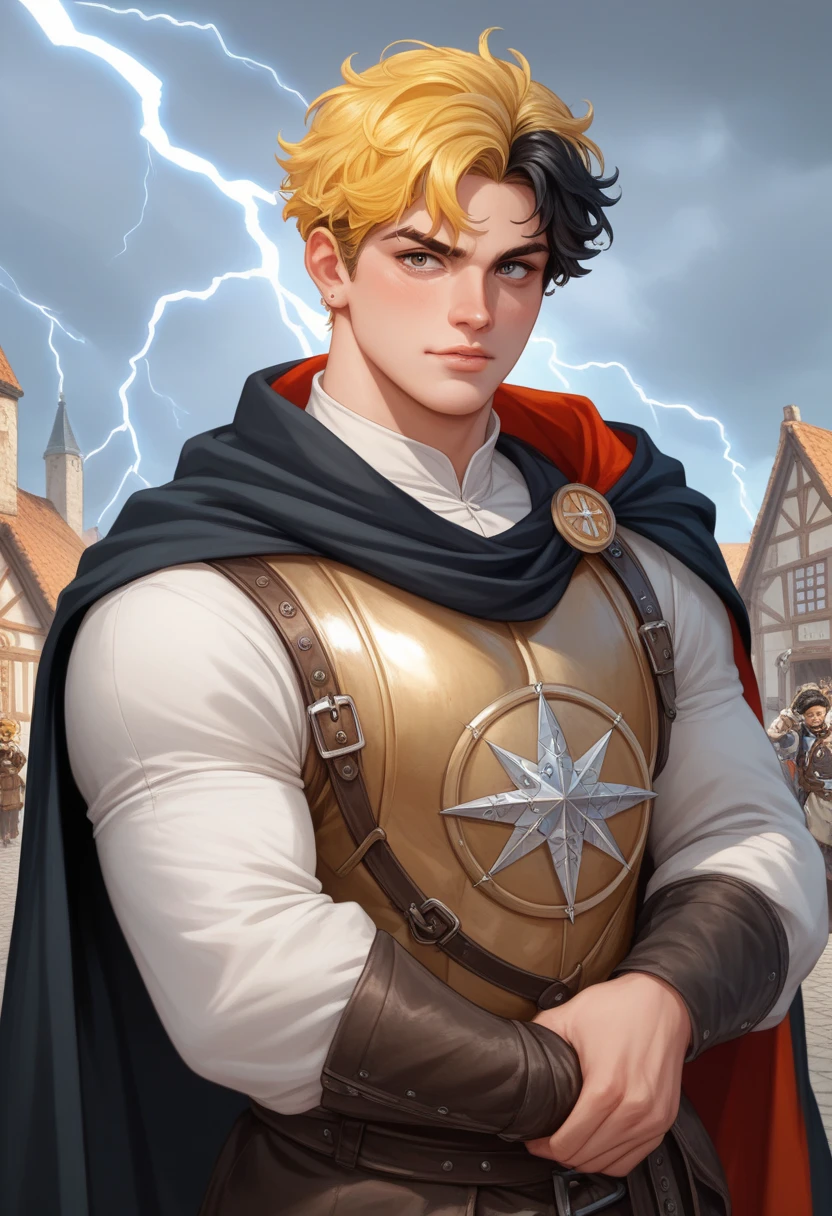  medieval European style, anime,  yellow hair mixed with black, Yellow hair with a lot of black hair, juvenile, Bullish expression, Only one person, Hero, Thug, Swordsman, Lightning user , Thug, Chunky black highlights