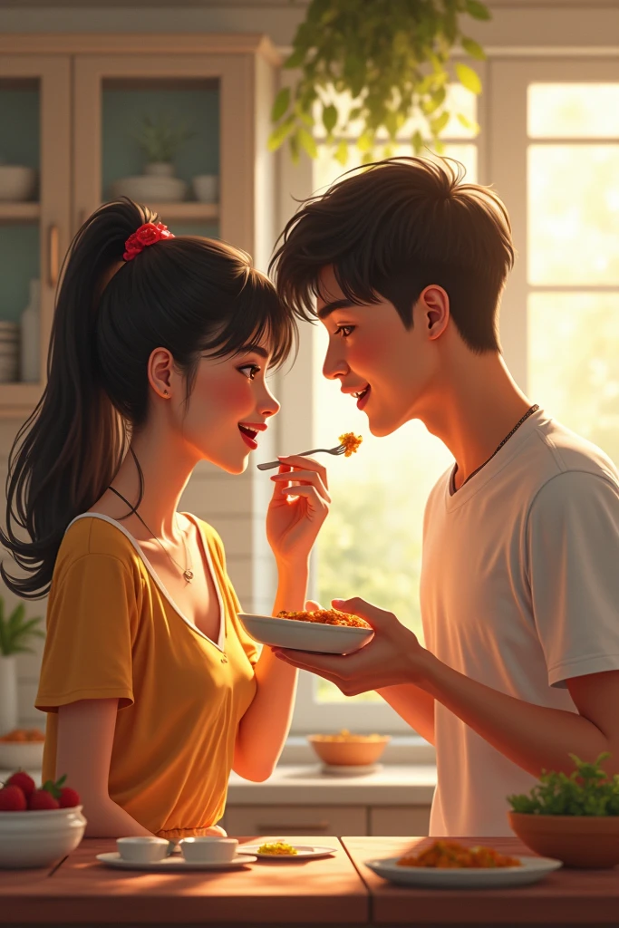 “A young Thai couple, both aged 25, in a warm and intimate setting, smiling and sharing food together. The woman is feeding the man with a fork while they both sit in a bright, cheerful kitchen. They have typical Thai facial features and are dressed casually. The atmosphere is romantic and lively, with soft natural lighting highlighting their expressions.”