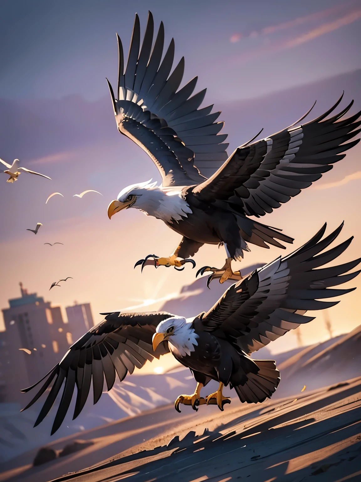 A bird in flight, detailed feathers, dynamic wings, cinematic lighting, dramatic shadows, vibrant colors, highly detailed, photorealistic, masterpiece, 8k, best quality, ultra-detailed, vivid colors, professional, ((Flying bird shadow)), Flying Mechanical Bald eagle, ((Shadow Expression)), Mechanical, Shadows in the Eyes, The moment the prey is captured