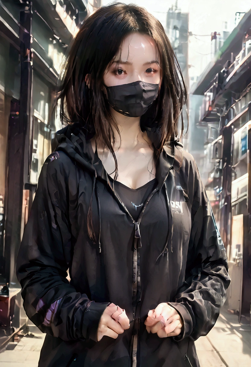 ultra-detailed,highly detailed,best quality,masterpiece,illustration, 
a woman wearing a face mask and a black hoodie standing in front of a, girl wearing hoodie, cyberpunk anime girl in hoodie, wearing netrunner clothing, blue hoodie, black hoodie techie, black haired girl wearing hoodie, cyberpunk streetwear, wearing hoodie, in a hoodie, wearing cyberpunk streetwear, cyberpunk wearing, woman in streetwear, wearing a hoodie, black hoodie, wearing a blue hoodie, hoodie, dressed black hoodie, decorative dark blue clothing, wearing cyberpunk 2 0 7 7 jacket, in a hood