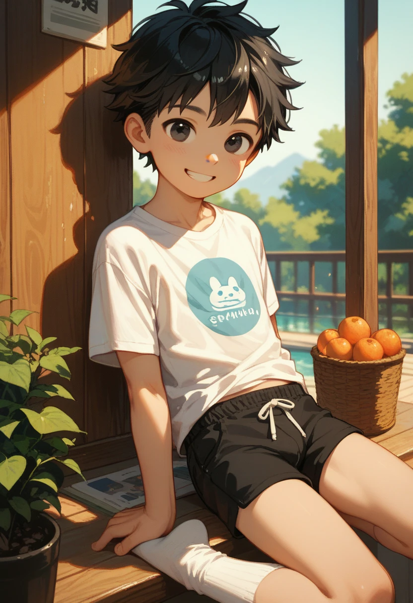 a japanese small young boy,cute,black hair,black eyes,t shirt,short pants,smiling,white socks,