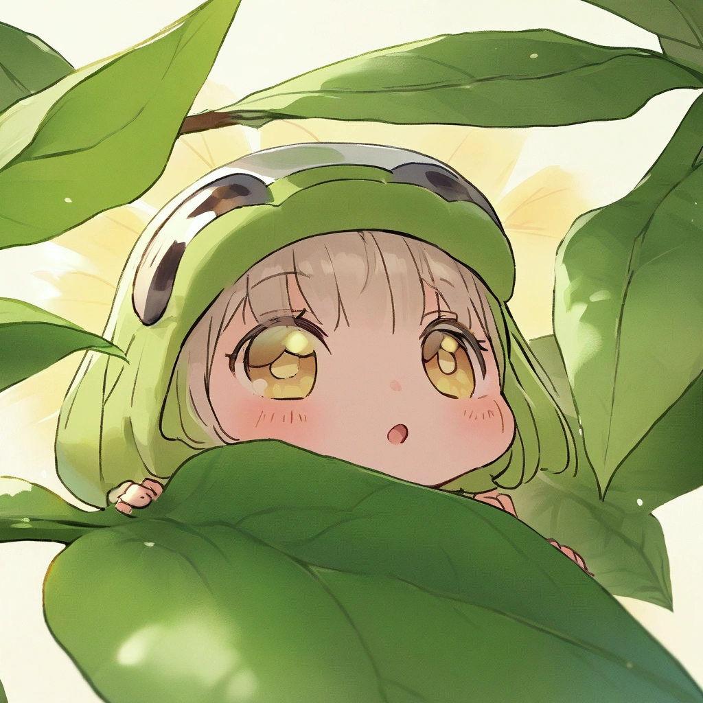 A cute caterpillar ( cute woman, bug bikini, age 20, bug eye helmet, has a mouth full of leaf and is adorably looking to the sky in panic, she is in a bird silhouette on a leaf she is eating, sunny day
