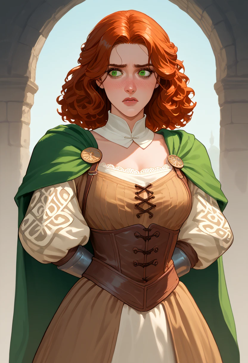 A young man who was magically transformed into a woman in a medieval fantasy world, now struggling to adapt to her new life. She has long, wavy auburn hair and soft, green eyes that convey a deep sense of confusion and frustration. Her attire consists of a finely crafted, medieval gown that combines both elegance and practicality—embroidered with intricate patterns, but designed for mobility and combat. She also carries a delicate sword at her side, though she prefers to avoid violence. Her posture is still somewhat stiff, reflecting her unease with her transformed body, and her face carries a mixture of defiance and sadness, as she is not yet ready to accept her fate. The gown clings slightly to her figure, but she tries to cover herself with a heavy cloak, emphasizing her desire to hide from her new identity. Designed in a detailed, medieval anime style, her features are soft yet strong, embodying both her inner conflict and her survival instincts in a fantasy world she never chose."