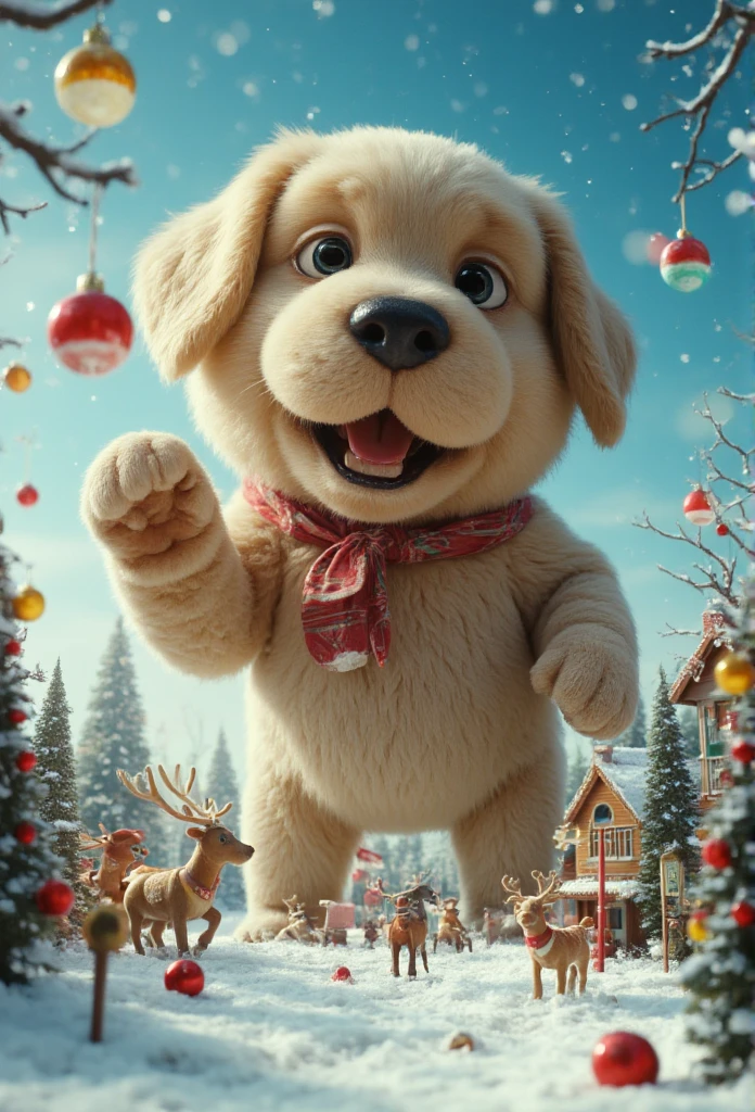  There is a giant puppy in a miniature world 、 Cute Christmas Scene 、Miniature Reindeer 、 Rolling Ornaments Colorful Balls、 Pop Music、 fairy tale、Delicious Biscuit Town 、 Snow Is Sparkling 、A happy surreal scene with a moving reindeer hanging on a sign 、Santa hat、 creating a fun atmosphere