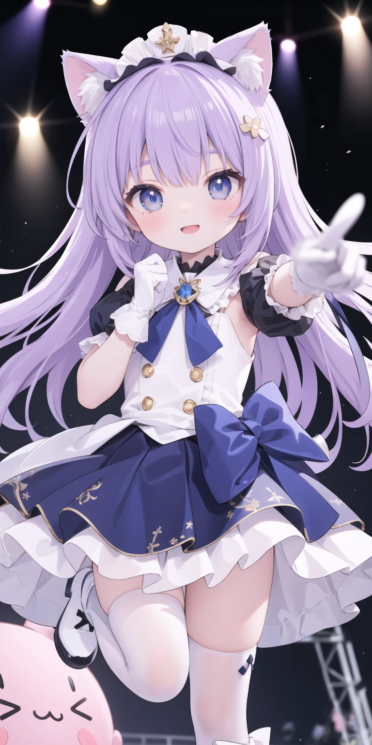 Cute Loli，  cute faces， Smile， ShoneLiveOne  ，Logo，  purple hair，  long hair，Cat ears，Big blue eyes， white Lolita ， Pleated Skirt，White gloves，Foot ring，Headdress，White boots，singing，stage