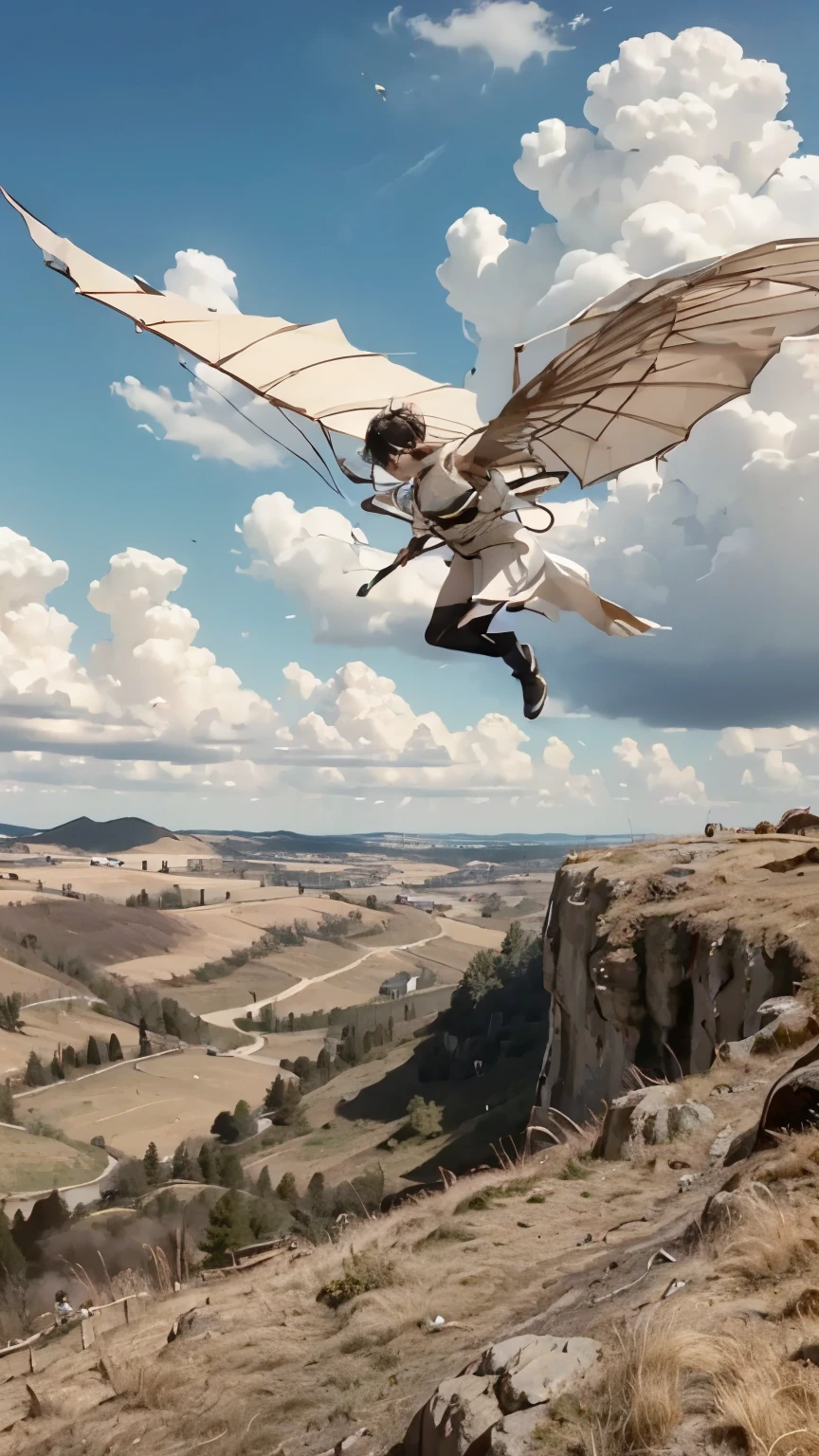  flying in the sky鳥のシルエット、 If you look closely, it's a girl with bird wings on her arms、   pretty girl  、   flying in the sky、Create an image of a monster made of   、Alone、  Shortcut Hair、(goggles)、 boots、  Blue Sky and White Clouds  、  See the rural cityscape below   、 detailed description 、   dramatic composition 、Cinematic lighting、 best quality、   high definition   、  Masterpiece 、 wallpaper、8k、