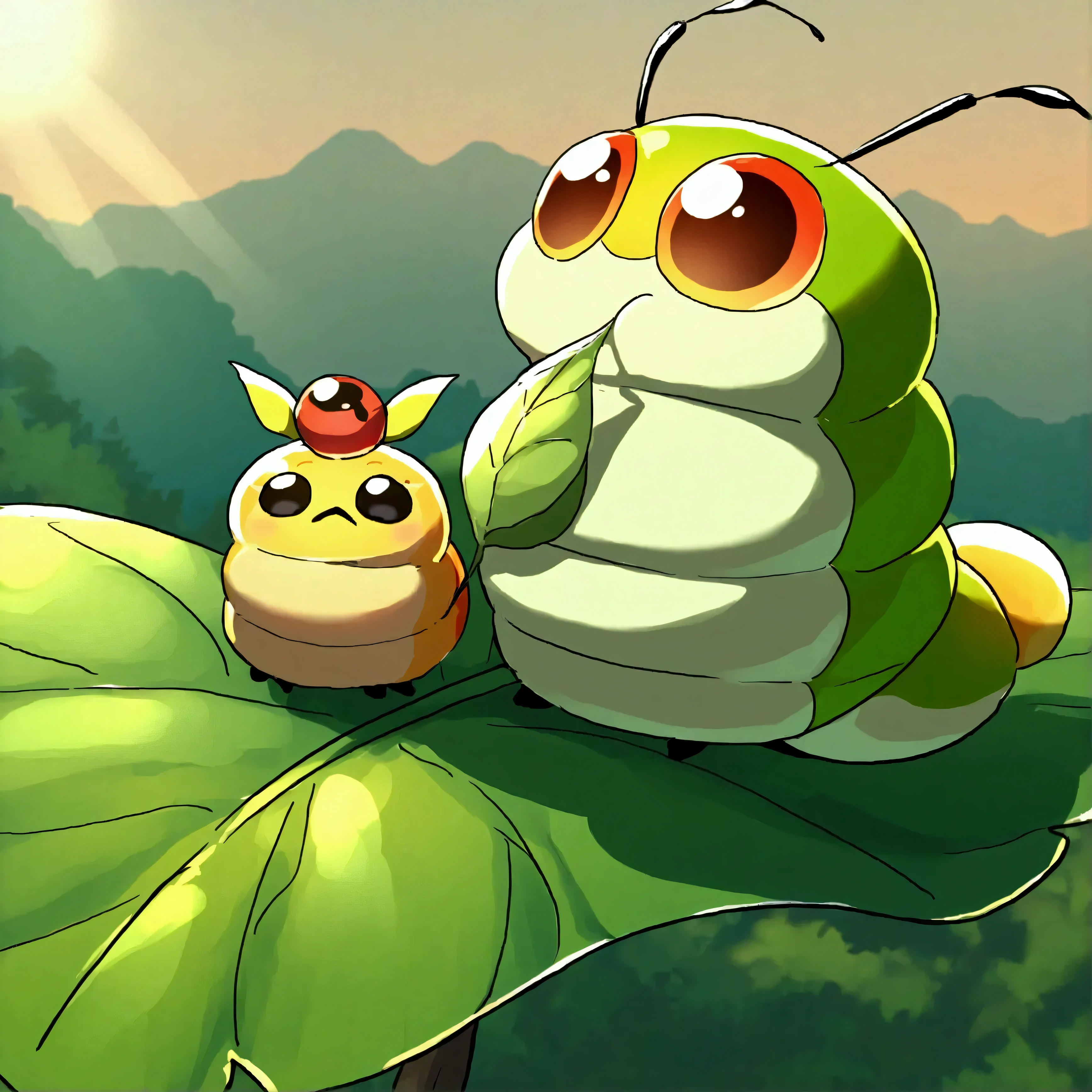 A cute caterpillar ( cute woman, bug bikini, age 20, bug eye helmet, has a mouth full of leaf and is adorably looking to the sky in panic, she is in a bird silhouette on a leaf she is eating, sunny day