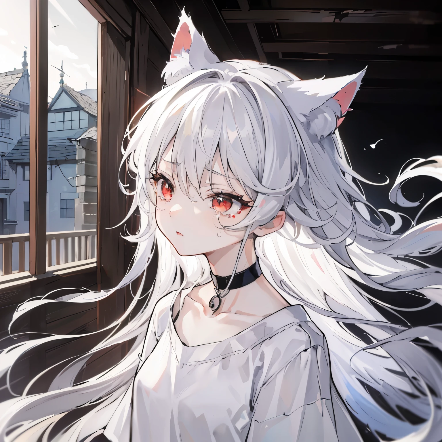 (((NOSTALGIA))), (Crying, tears streaming down face, quivering lips), ((Calm, Composed, Serene, Alert, Subtle Wariness, Lingering Sadness)), 1 girl, (li:1.3), (red eyes, turime, cat ears), ((messy hair)), (long hair, straight hair, gray hair), (small breast), (((oversize white shirt))), ((bottomless)), (choker), ((medieval wooden house)), cinematic lighting, dramatic lighting, Sharp Focus, (Best Quality, masterpiece, detailed, facial focus), ((waist))