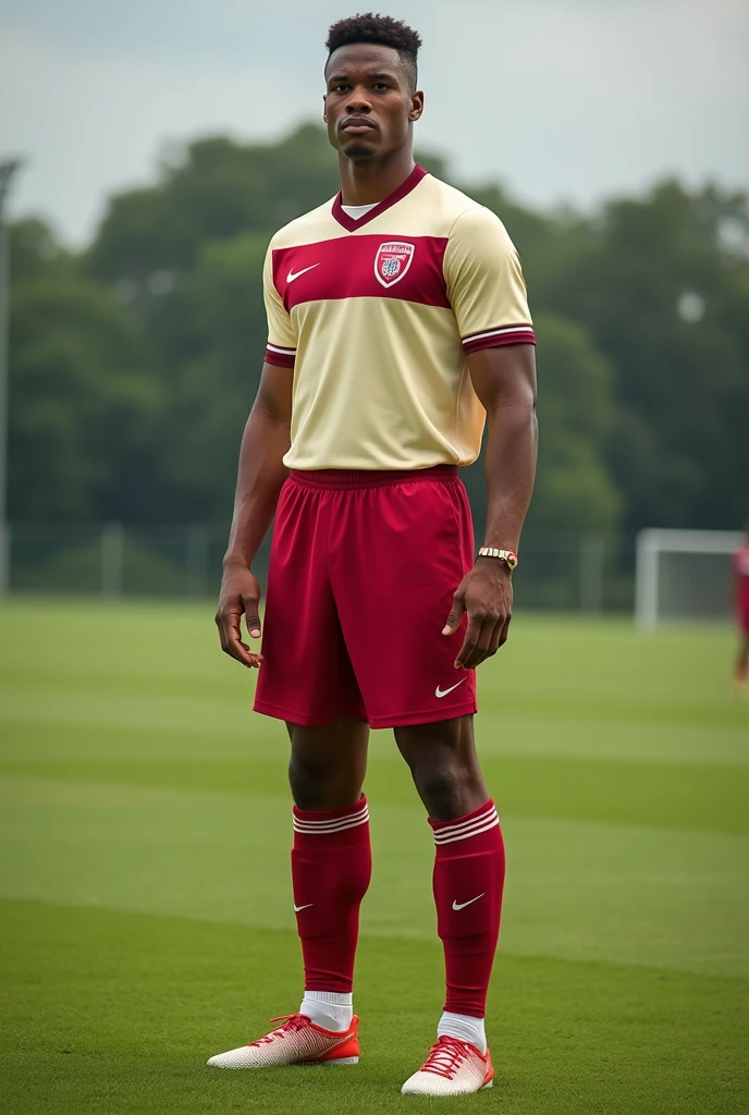photo of a 20 year old Indonesian football player wearing a red jersey, short bald hair, dark skin, thin body