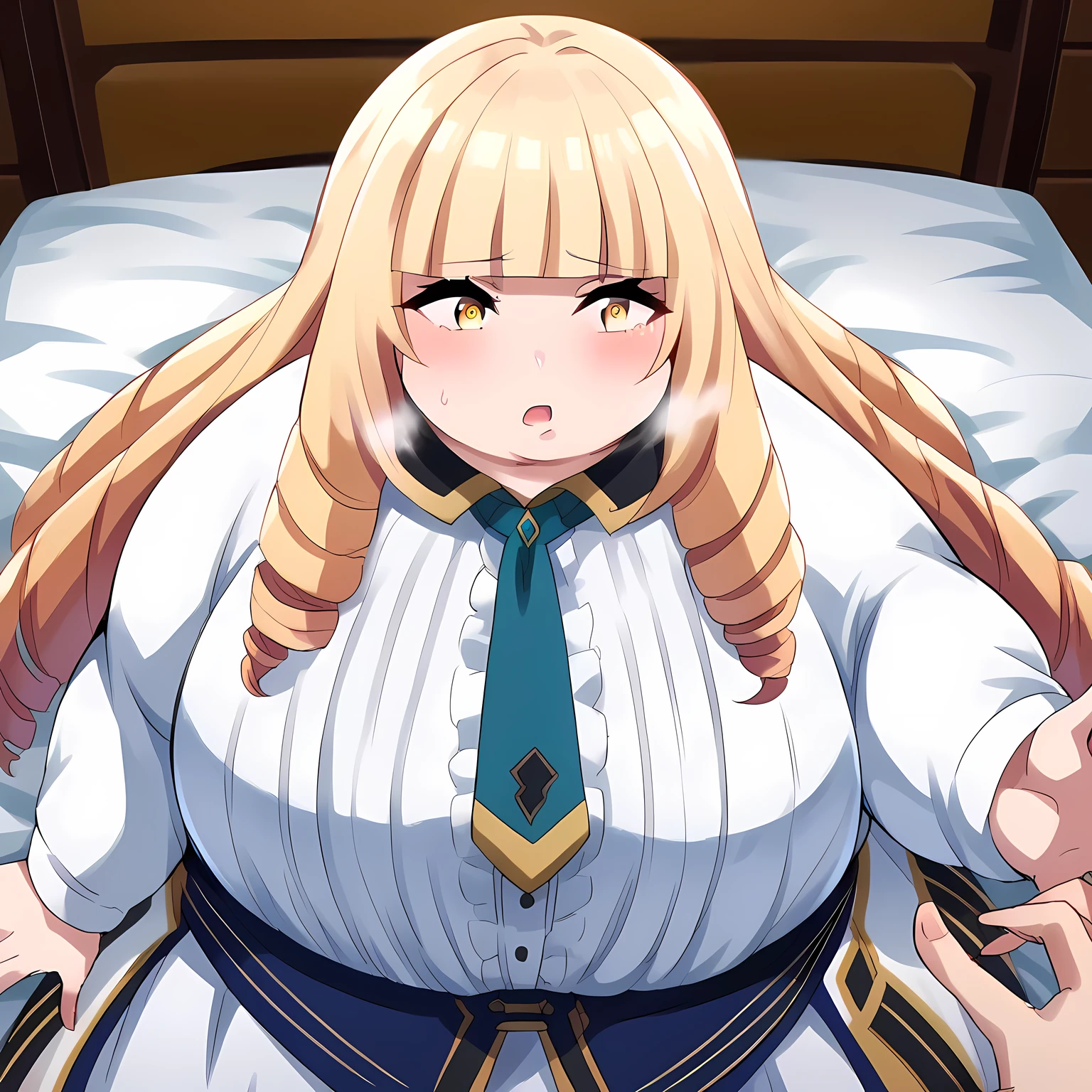 score_9, score_8_up, score_7_up, source_anime, orianarose, oriana rose, long hair, blonde hair, yellow eyes, drill hair, bangs, blunt bangs, mature female, skirt, jacket, necktie, white skirt, corset, indoors, bed, bed room, on back, arm support, arms up, incoming hug, pov, reaching, reaching towards viewer, looking at viewer, dutch angle, swollen face, fat, chubby, obese, open mouth, out of breath, absurdres, highres icon, rating:General, confused, blush,  {flustered}, nervous sweating, portrait, pov hands, hand on another's cheek, averting eyes, [looking away], straight-on, from above,  upper body, masterpiece, best quality, ultra-detailed, high resolution, 8K, absurdres, highres icon,