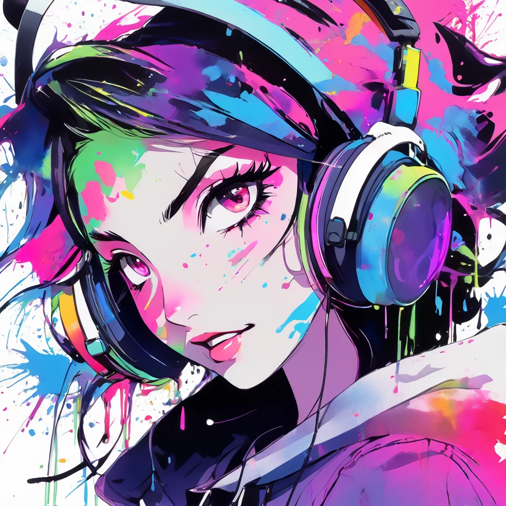 1girl, black eyes, wink, perfect face, hairclips, music headset, v poses at eye level, zip hoodie, sharp shadows, white background with watercolor splash of colors , beautiful rich colors, solid colors, masterpiece, best quality