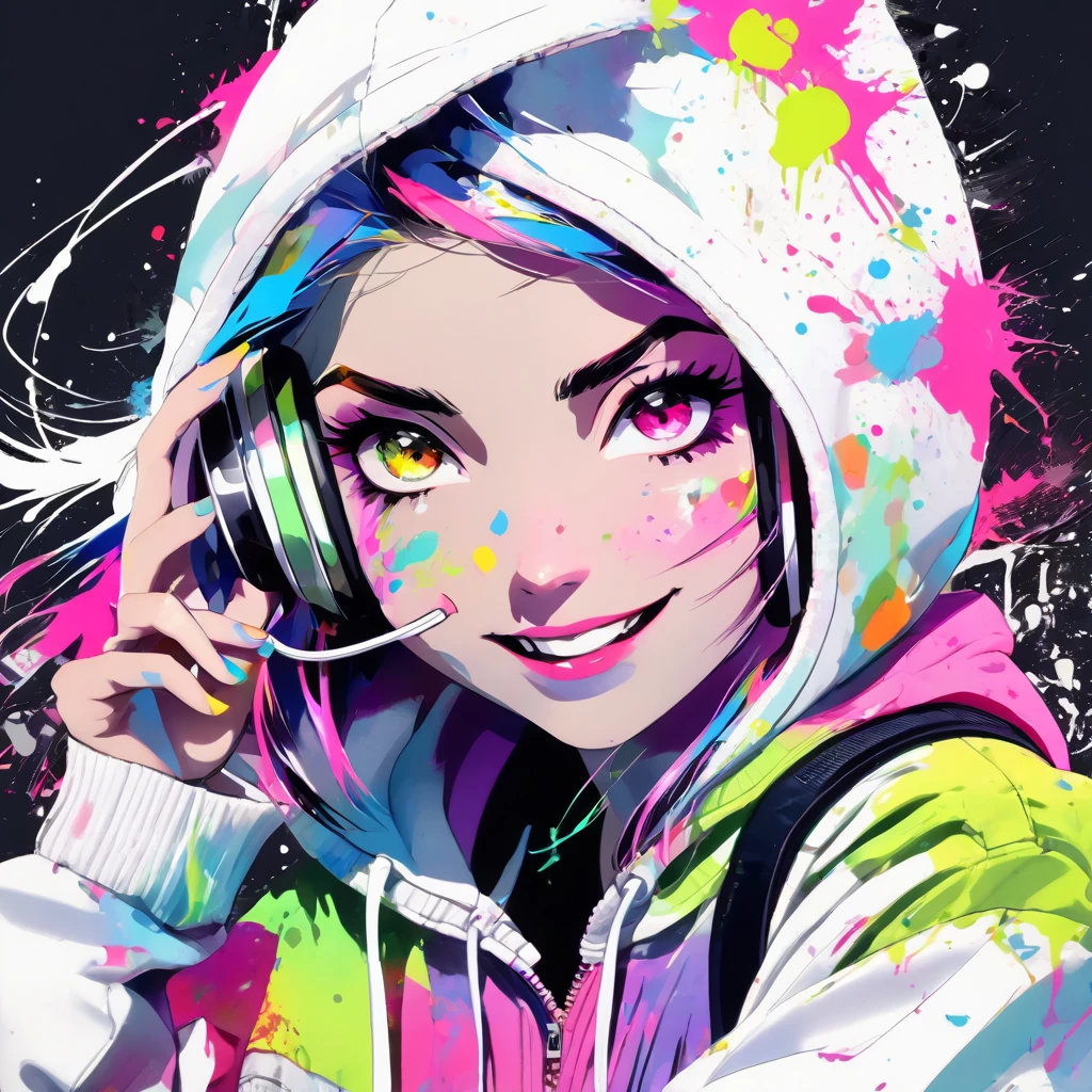 1girl, black eyes, wink, perfect face, hairclips, music headset, v poses at eye level, zip hoodie, sharp shadows, white background with watercolor splash of colors , beautiful rich colors, solid colors, masterpiece, best quality