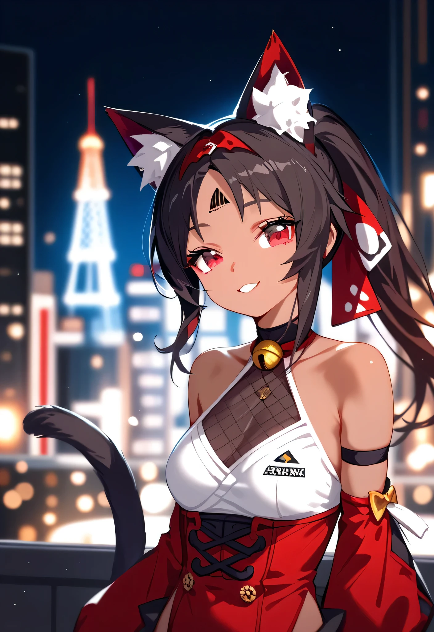 [nekomiya], [Zenless Zone Zero], ((masterpiece)), ((solo portrait)), ((HD)), ((High res)), ((anime)), ((detailed shading)), ((cinematic lighting)), {(slim figure), (brown skin), (black triangle on forehead), (cat ears), (two cat tails), (cute maroon eyes), (short eyelashes), (short black hair), (ponytail), (defined legs), (cute smile)}, {(looking at viewer)}, [ambient lighting, city, moonlight]