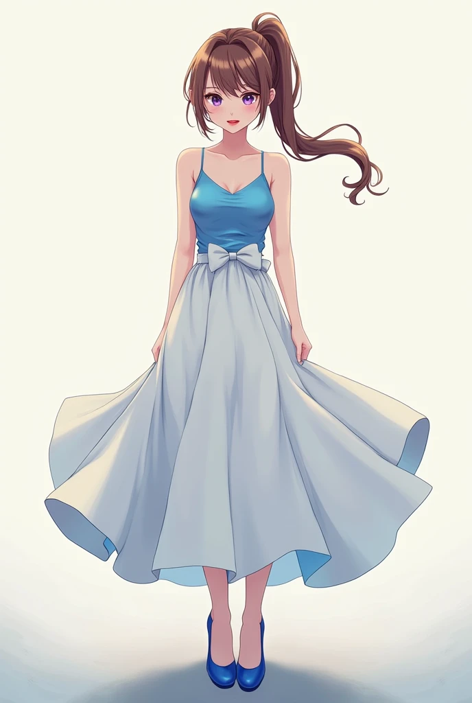 hyper realistic, full body a Vietnamese pretty woman with long black hair and a white top and blue skirt, happy smilel, beautiful asian girl, she wearing blue and white skirt and pink shoes, masterpiece, UHD, 8K