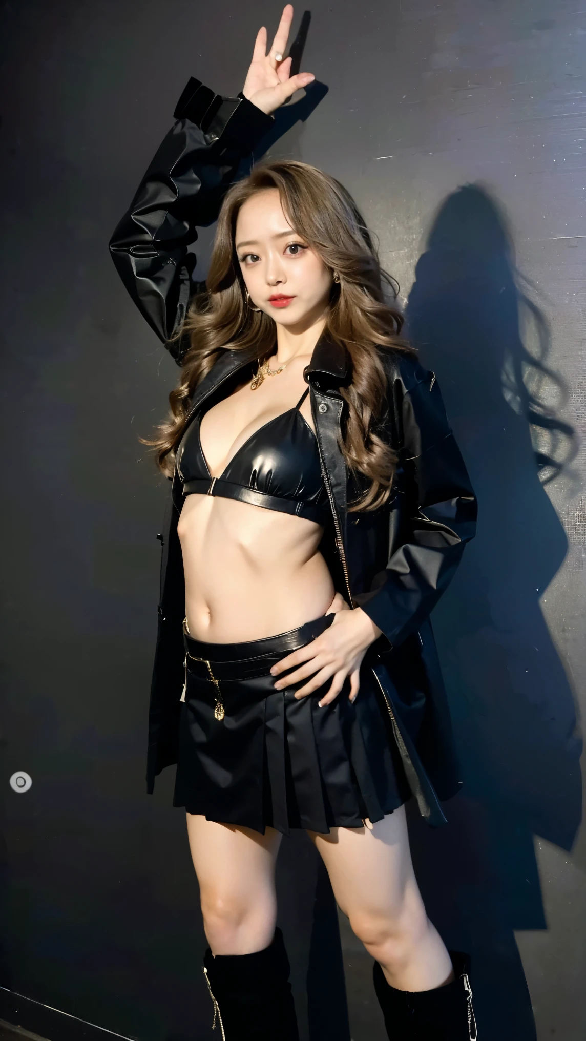 (8k、RAW Photos、highest quality、masterpiece:1.2)、(Realistic、Realistic)、1 girl、((National costume、Belly button、Fur coat、Brown gloves、garden、Semi-long hair、Standing with hands on hips))、Lots of eyelashes、Glowing eyelids、skeletally correct