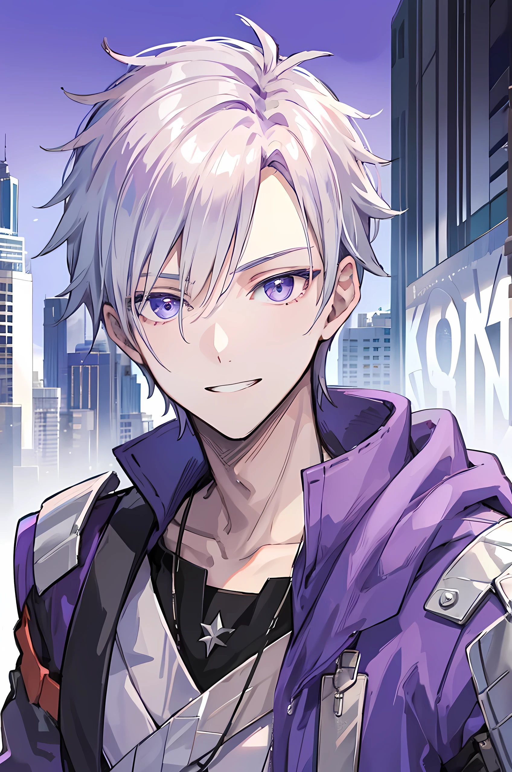 Young man, grey white hair, blue eyes, smile face, handsome man, purple jacket casual wear clothes, modern style cool boy, bad boy, tall man, close up camera, city background