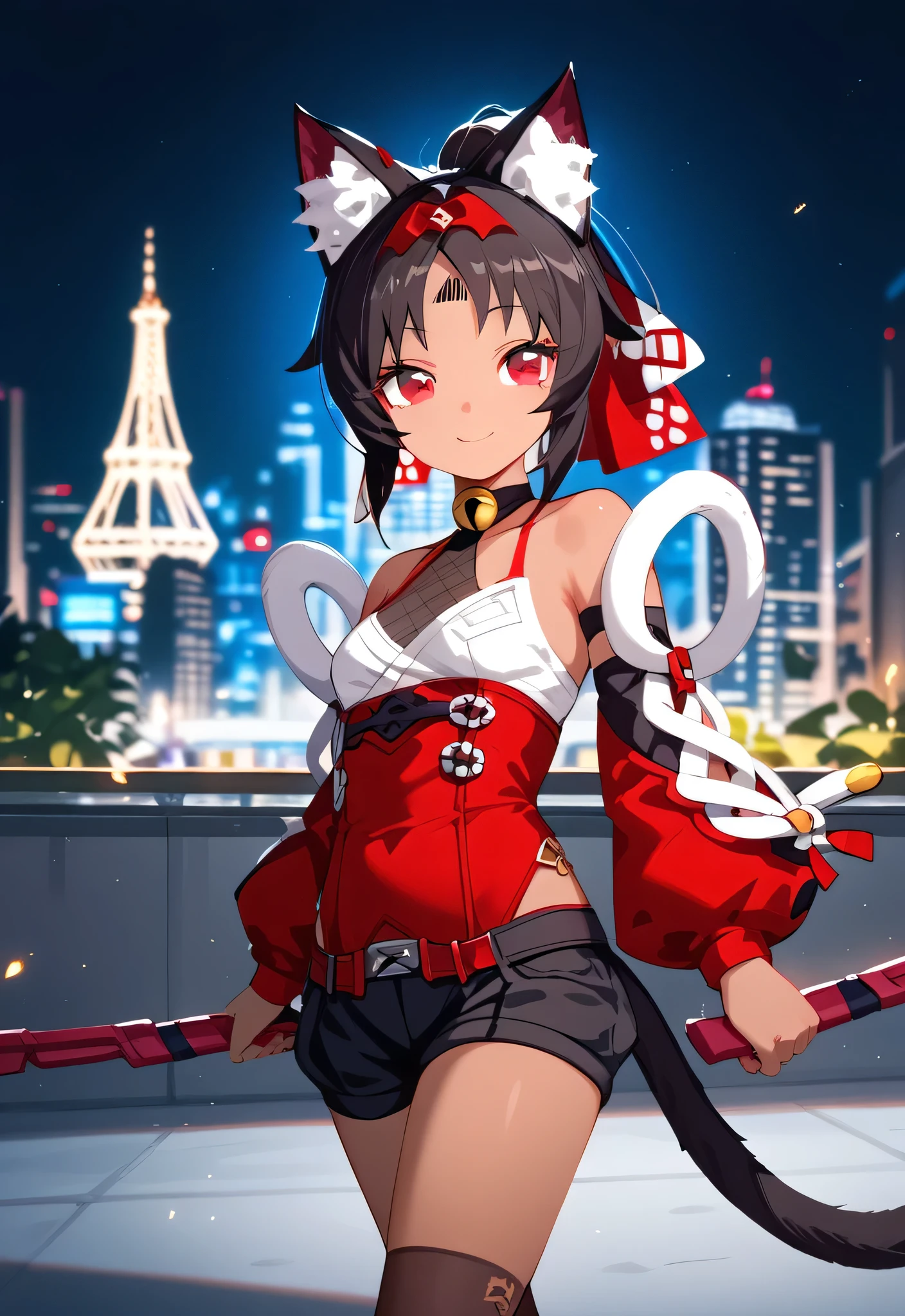 [nekomiya], [Zenless Zone Zero], ((masterpiece)), ((solo portrait)), ((HD)), ((High res)), ((anime)), ((detailed shading)), ((cinematic lighting)), {(slim figure), (brown skin), (black triangle on forehead), (cat ears), (two cat tails), (cute maroon eyes), (short eyelashes), (short black hair), (ponytail), (defined legs), (cute smile)}, {(looking at viewer)}, [ambient lighting, city, moonlight]