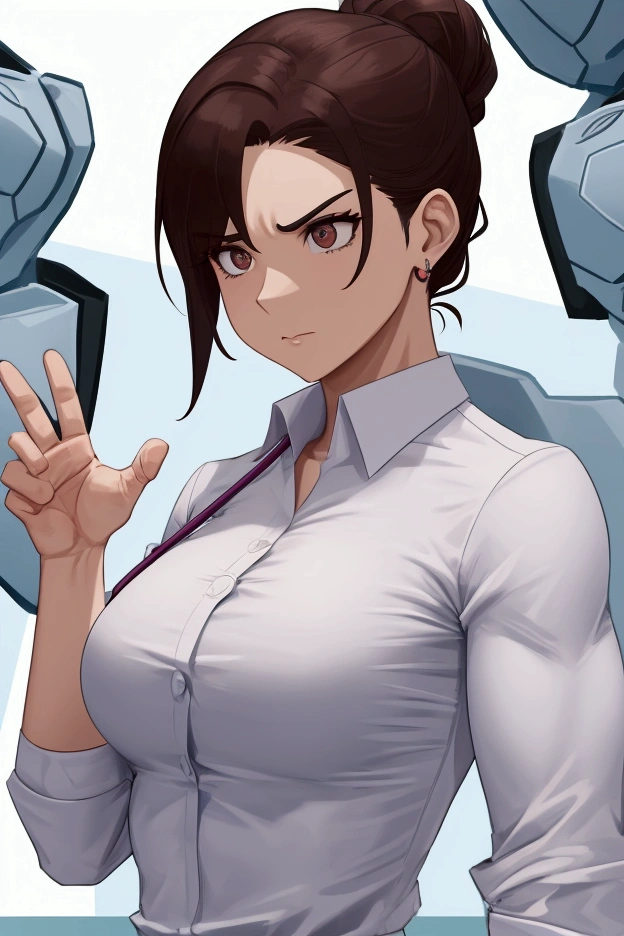 photo of mlp Meowko, RAW, beautiful woman, ((portrait)), ((detailed face:1.2)), ((anime face, anime facial feature, clear skin, glossy anime lips, clear skin), (short lesbian haircut, brunette: 1.55),  (perfect proportioned body, Strong, muscular, narrow waist, narrow hips, skinny, large breasts), shy smile, (she is wearing a black military short sleeve shirt, black shirt, skinny jeans, sneakers ,Samsung Sam), in a shopping mall, White walls, computer store, clean, (realistic photo, best quality, detailed), (8k wallpaper), (bright cinematic lighting, lens flares, beautiful light, (noon:1.3)) (sharp focus, intricate)