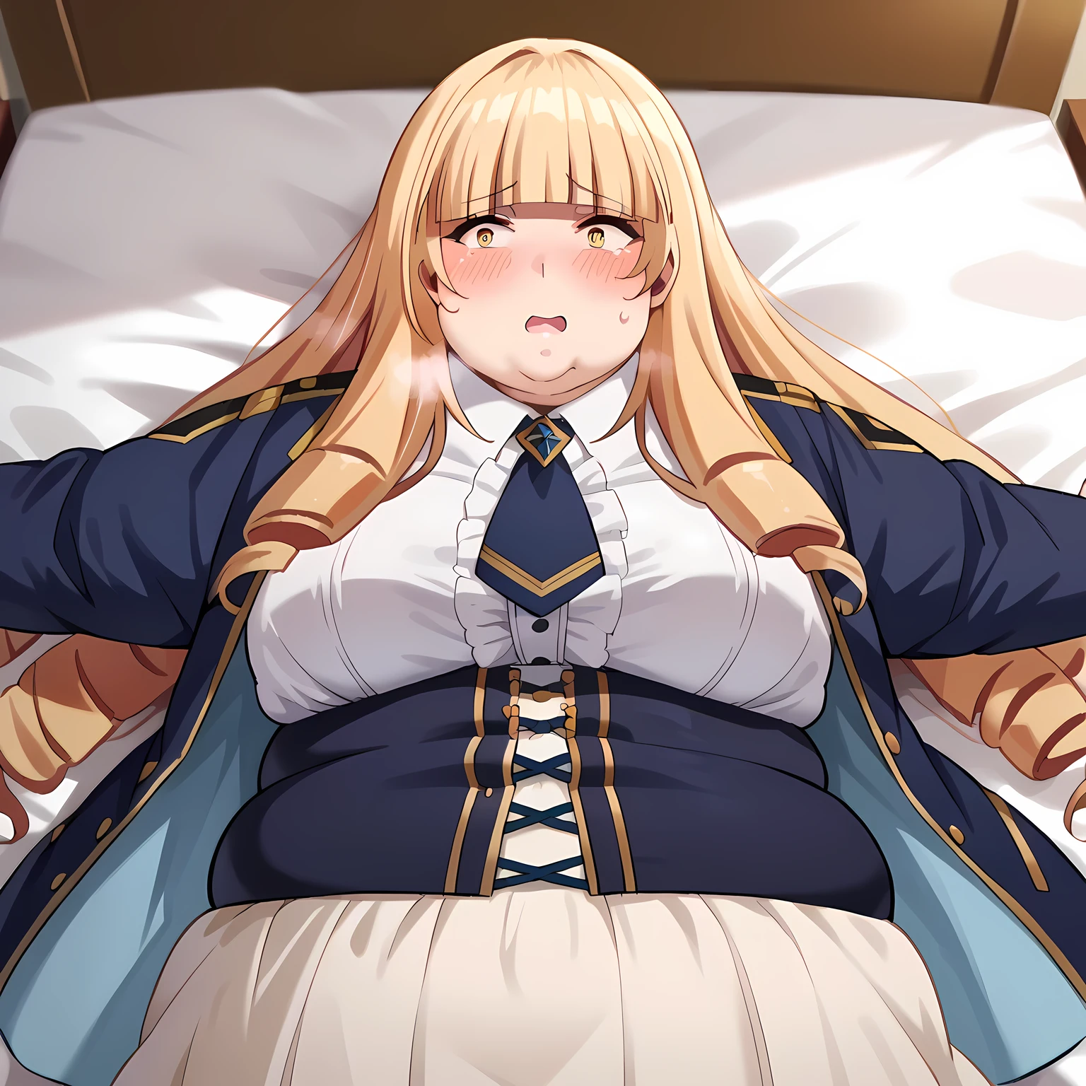 score_9, score_8_up, score_7_up, source_anime, orianarose, oriana rose, long hair, blonde hair, yellow eyes, drill hair, bangs, blunt bangs, mature female, skirt, jacket, necktie, white skirt, corset, indoors, bed, bed room, on back, arm support, arms up, incoming hug, pov, reaching, reaching towards viewer, looking at viewer, dutch angle, swollen face, fat, chubby, obese, open mouth, out of breath, absurdres, highres icon, rating:General, confused, blush,  {flustered}, nervous sweating, portrait, pov hands, hand on another's cheek, averting eyes, [looking away], straight-on, from above,  upper body, masterpiece, best quality, ultra-detailed, high resolution, 8K, absurdres, highres icon,