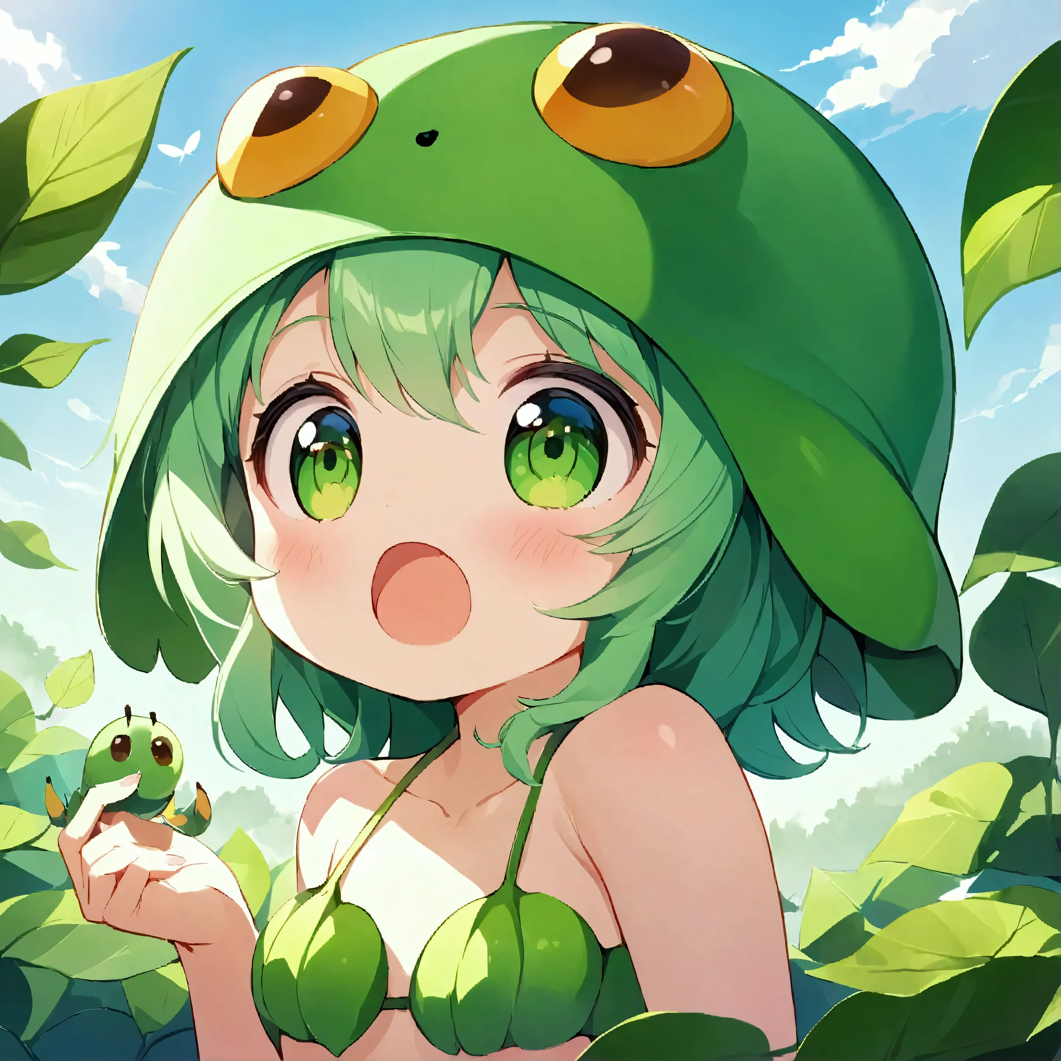 A cute caterpillar ( cute woman, bug bikini, age 20, bug eye helmet, has a mouth full of leaf and is adorably looking to the sky in panic, she is in a bird silhouette on a leaf she is eating, sunny day