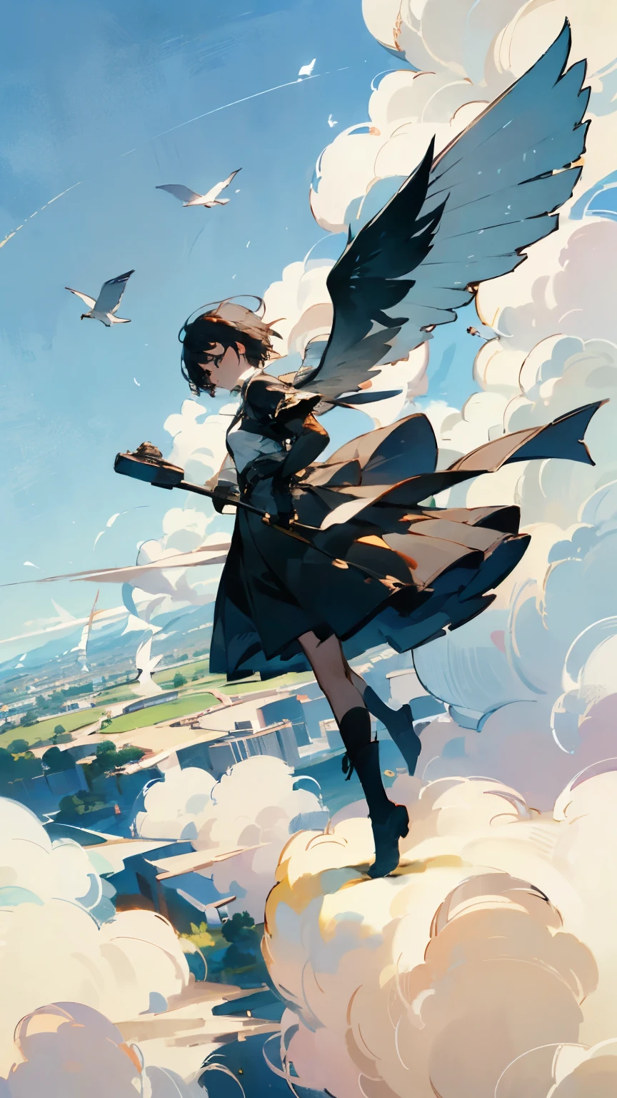 ( flying in the sky鳥のシルエット)、( If you look closely, it's a girl with bird wings on her arms)、   pretty girl  、   flying in the sky、Create an image of a monster made of   、Alone、  Shortcut Hair、(goggles)、 boots、  Blue Sky and White Clouds  、  See the rural cityscape below   、 detailed description 、   dramatic composition 、Cinematic lighting、 best quality、   high definition   、  Masterpiece 、 wallpaper、8k、