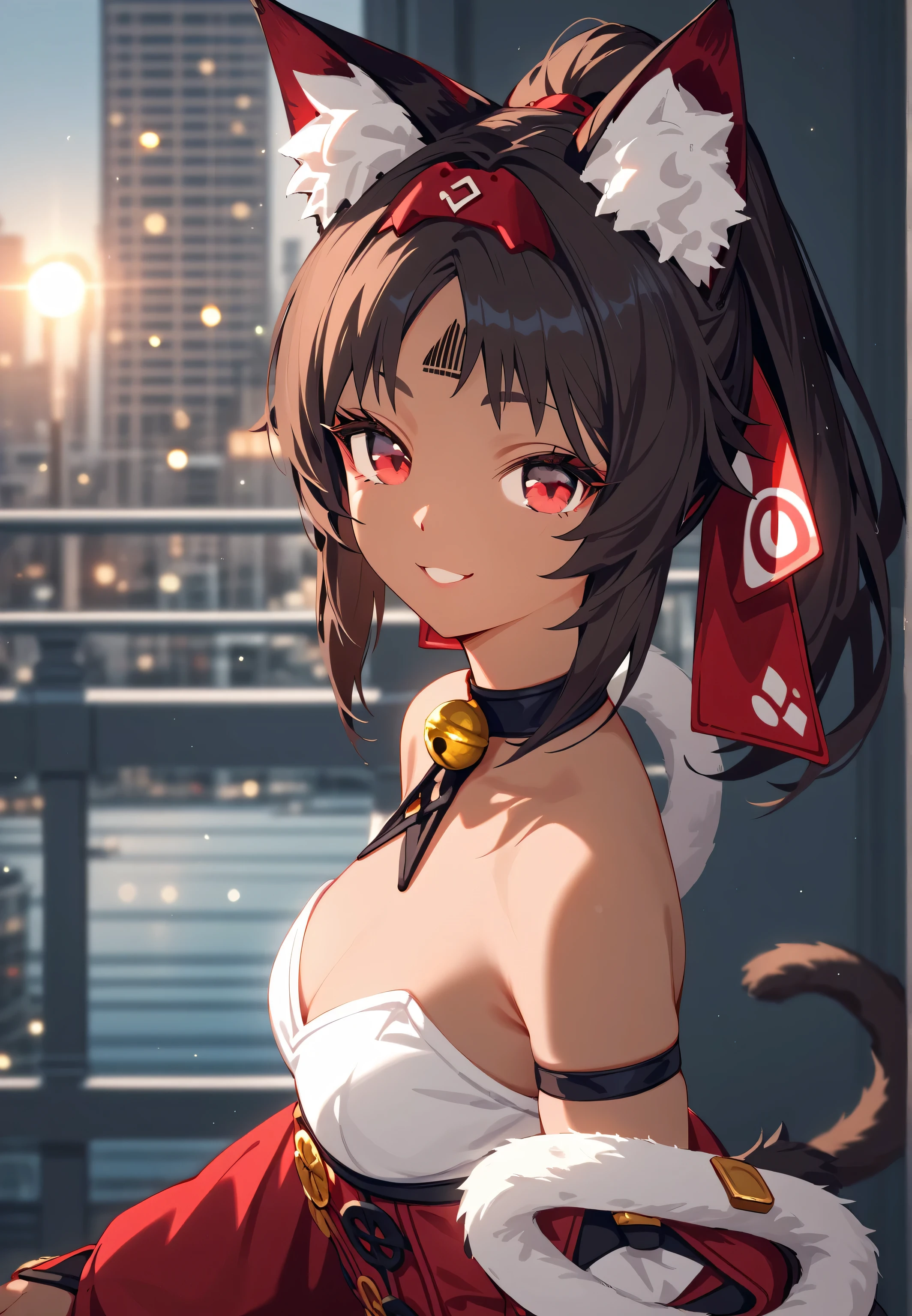 [nekomiya], [Zenless Zone Zero], ((masterpiece)), ((solo portrait)), ((HD)), ((High res)), ((anime)), ((detailed shading)), ((cinematic lighting)), {(slim figure), (brown skin), (black triangle on forehead), (cat ears), (two cat tails), (cute maroon eyes), (short eyelashes), (short black hair), (ponytail), (defined legs), (cute smile)}, {(looking at viewer)}, [ambient lighting, city, moonlight]