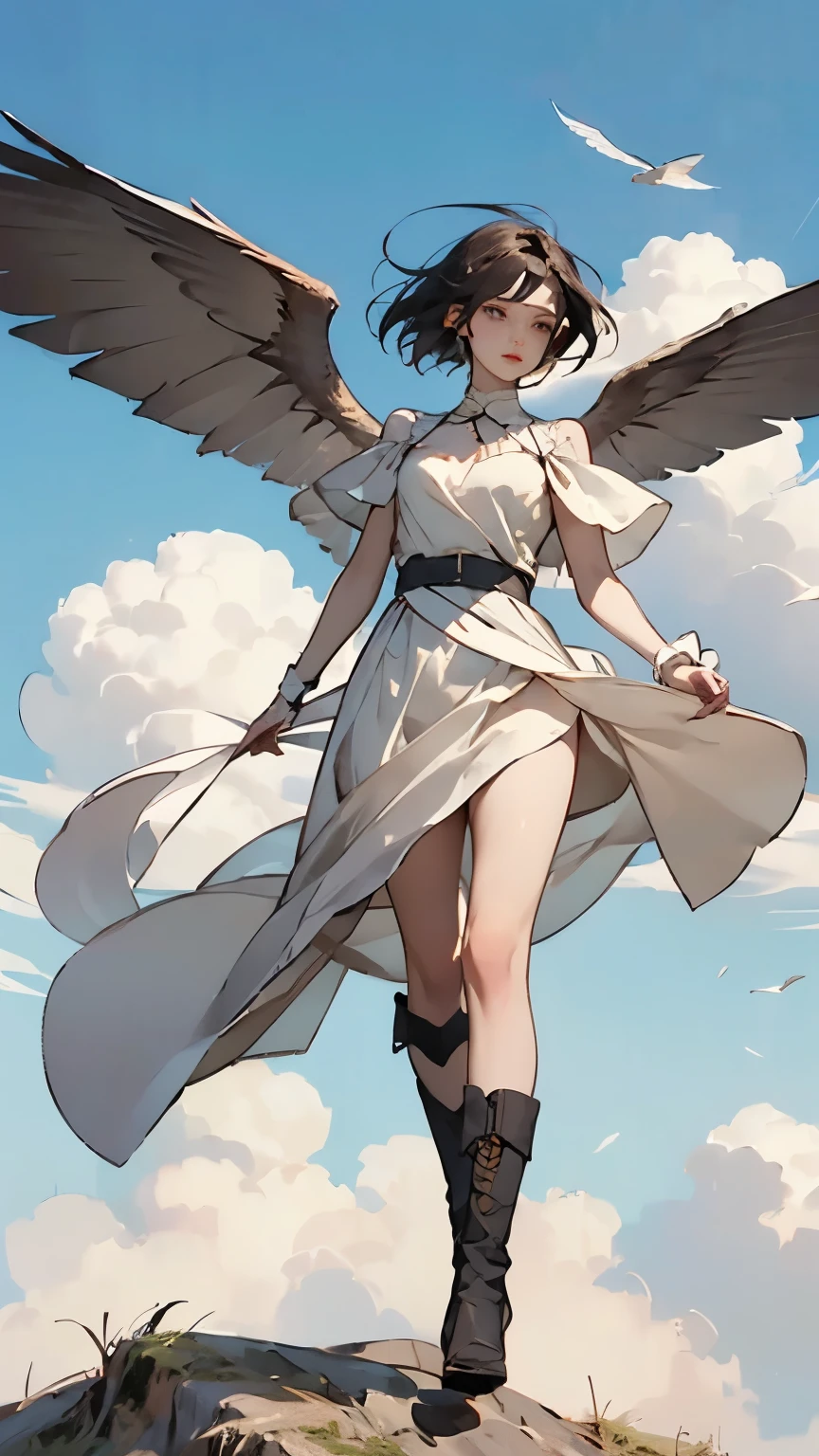 ( flying in the sky鳥のシルエット)、( If you look closely, it's a girl with bird wings on her arms)、   pretty girl  、   flying in the sky、Create an image of a monster made of   、Alone、  Shortcut Hair、(goggles)、 boots、  Blue Sky and White Clouds  、  See the rural cityscape below   、 detailed description 、   dramatic composition 、Cinematic lighting、 best quality、   high definition   、  Masterpiece 、 wallpaper、8k、