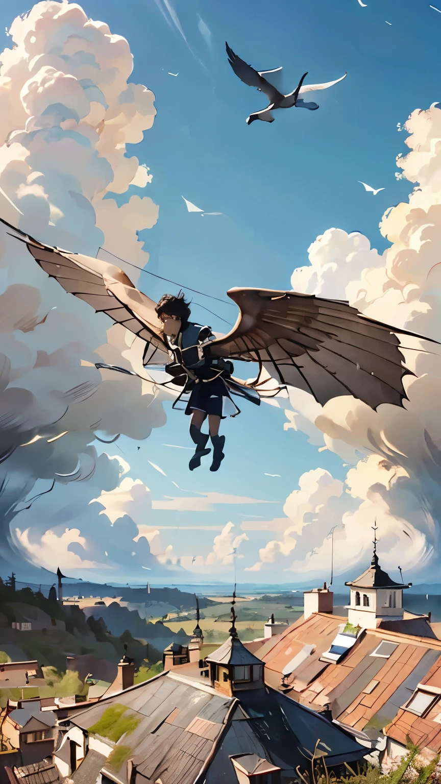 ( flying in the sky鳥のシルエット)、( If you look closely, it's a girl with bird wings on her arms)、   pretty girl  、   flying in the sky、Create an image of a monster made of   、Alone、  Shortcut Hair、(goggles)、 boots、  Blue Sky and White Clouds  、  See the rural cityscape below   、 detailed description 、   dramatic composition 、Cinematic lighting、 best quality、   high definition   、  Masterpiece 、 wallpaper、8k、