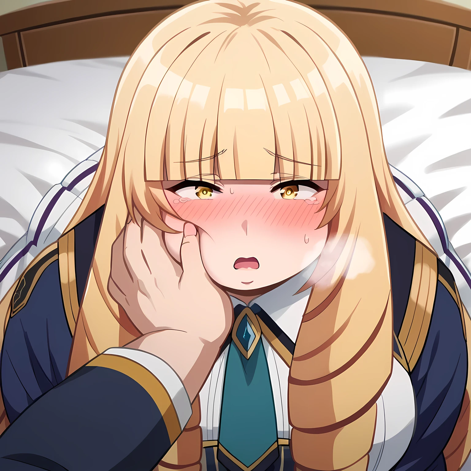 score_9, score_8_up, score_7_up, source_anime,
orianarose, oriana rose, long hair, blonde hair, yellow eyes, drill hair, bangs, blunt bangs, mature female,
skirt, jacket, necktie, white skirt, corset,
indoors, bed, bed room, on side, blush, drunk, white panties,
looking at viewer, dutch angle, swollen face, fat, chubby, obese, open mouth, out of breath, absurdres,  confused, blush,  {flustered}, nervous sweating, portrait, pov hands, hand on another's cheek, averting eyes, [looking away], straight-on, from above,  upper body, masterpiece, best quality, ultra-detailed, high resolution, 8K, absurdres, highres icon,