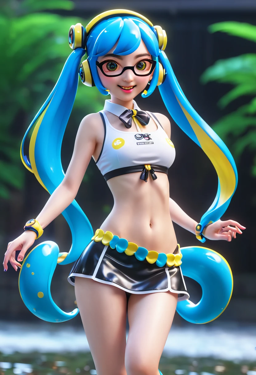 masterpiece、highest quality、High resolution、4k、1 beautiful girl、girl、splatoon inkling, tentacle hair、ink bomb、whole body、neon blue tentacle hair、ponytail tentacle hair、big ribbon、golden eyes、smile、cheek、super big breasts、cleavage、pointed earicro mini skirt、fashionable、Large accessories、wet body、outdoor、dynamic pose、