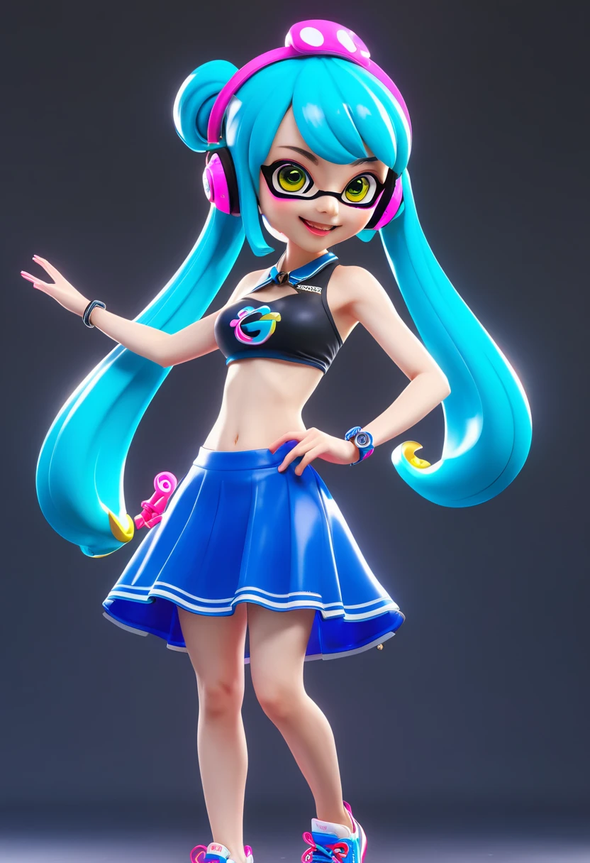 masterpiece、highest quality、High resolution、4k、1 beautiful girl、girl、splatoon inkling, tentacle hair、ink bomb、whole body、neon blue tentacle hair、ponytail tentacle hair、big ribbon、golden eyes、smile、cheek、super big breasts、cleavage、pointed earicro mini skirt、fashionable、Large accessories、wet body、outdoor、dynamic pose、