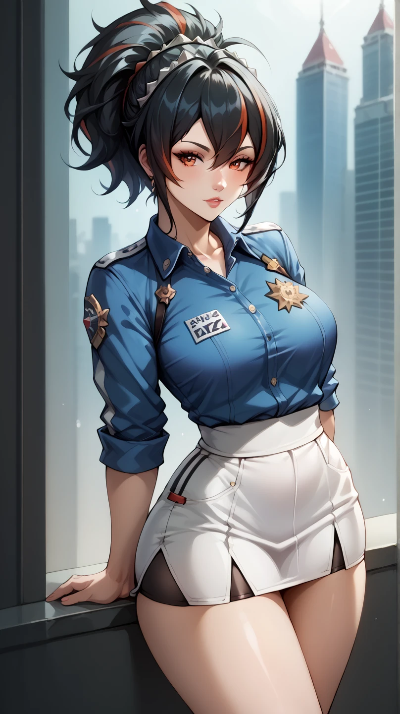 ((best quality)), masterpiece,looking at viewer,full body,arms behind back Zhu Yuan from Zenless Zone Zero, with ponytail hair featuring black hair, STREAKED HAIR AT THE MIDDLE HAIR.perfect body,large breasts, slimfit tshirt,white skirt, enticing legs,cowboy shot,front look