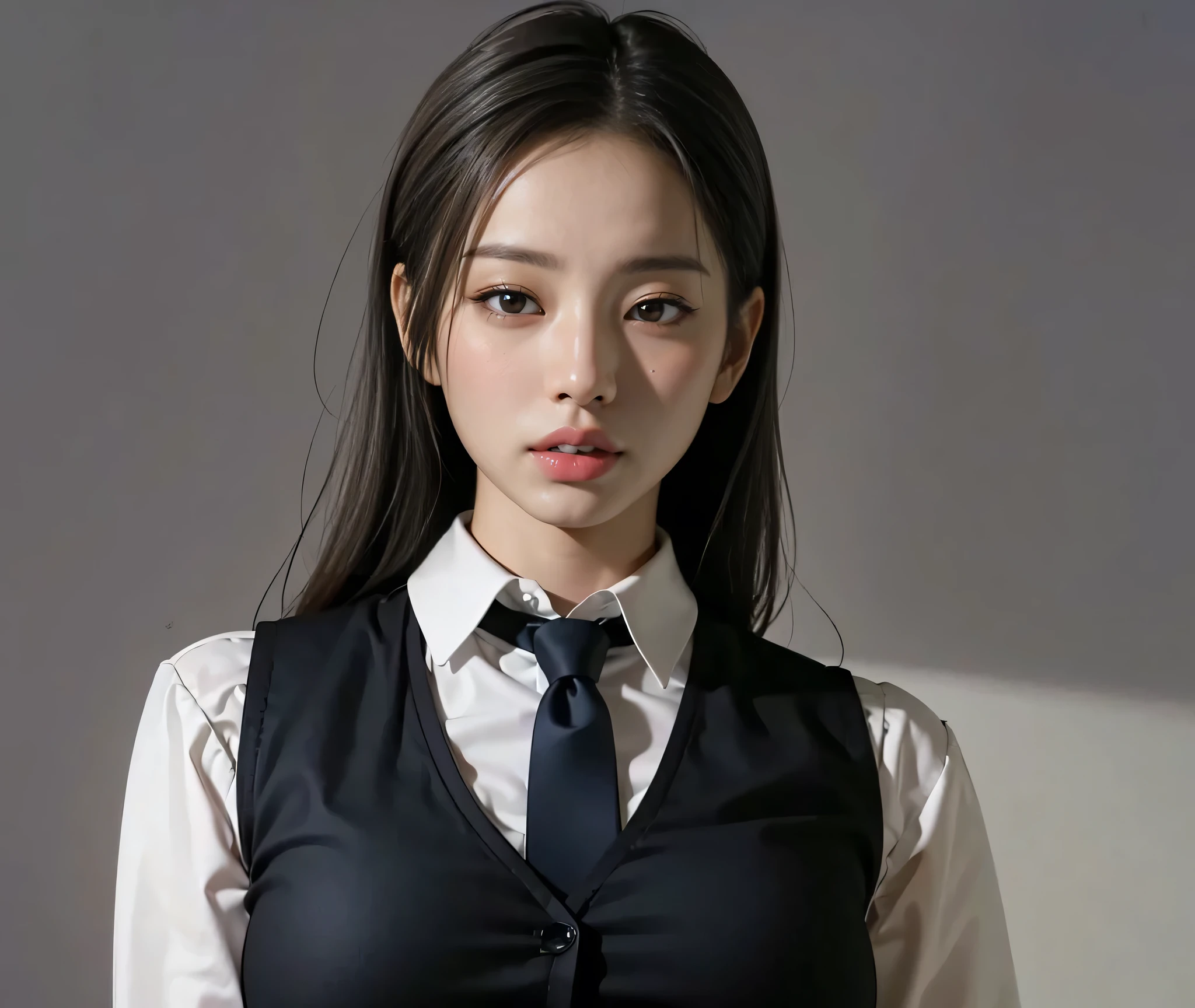 a girl with white shirt and black blue dress