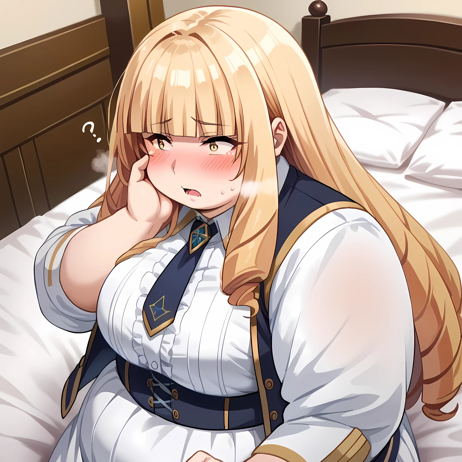 score_9, score_8_up, score_7_up, source_anime,
orianarose, oriana rose, long hair, blonde hair, yellow eyes, drill hair, bangs, blunt bangs, mature female,
skirt, jacket, necktie, white skirt, corset,
indoors, bed, bed room, on side, blush, drunk, white panties,
looking at viewer, dutch angle, swollen face, fat, chubby, obese, open mouth, out of breath, absurdres,  confused, blush,  {flustered}, nervous sweating, portrait, pov hands, hand on another's cheek, averting eyes, [looking away], straight-on, from above,  upper body, masterpiece, best quality, ultra-detailed, high resolution, 8K, absurdres, highres icon,