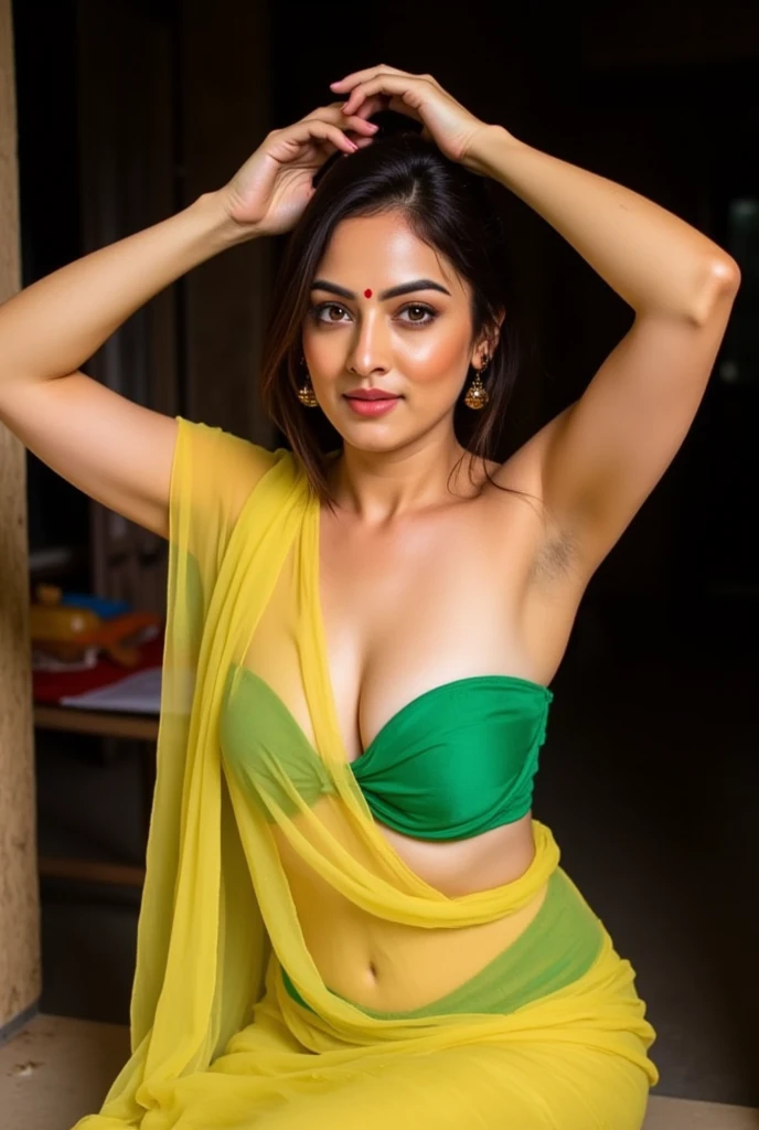 create a hyper realistic full photo of Indian most attractive woman in her 30s extra big chest, 36d cup size, light brown hair, green saree, trending on artstation, portrait, digital art, modern, sleek, highly detailed, formal, serious, determined, CEO, colorized, smooth, charming, pretty, soft smile, dark red lipstick, soft lips, black eyes