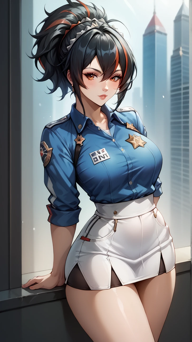 ((best quality)), masterpiece,looking at viewer,full body,arms behind back Zhu Yuan from Zenless Zone Zero, with ponytail hair featuring black hair, STREAKED HAIR AT THE MIDDLE HAIR.perfect body,large breasts, slimfit tshirt,white skirt, enticing legs,cowboy shot,front look