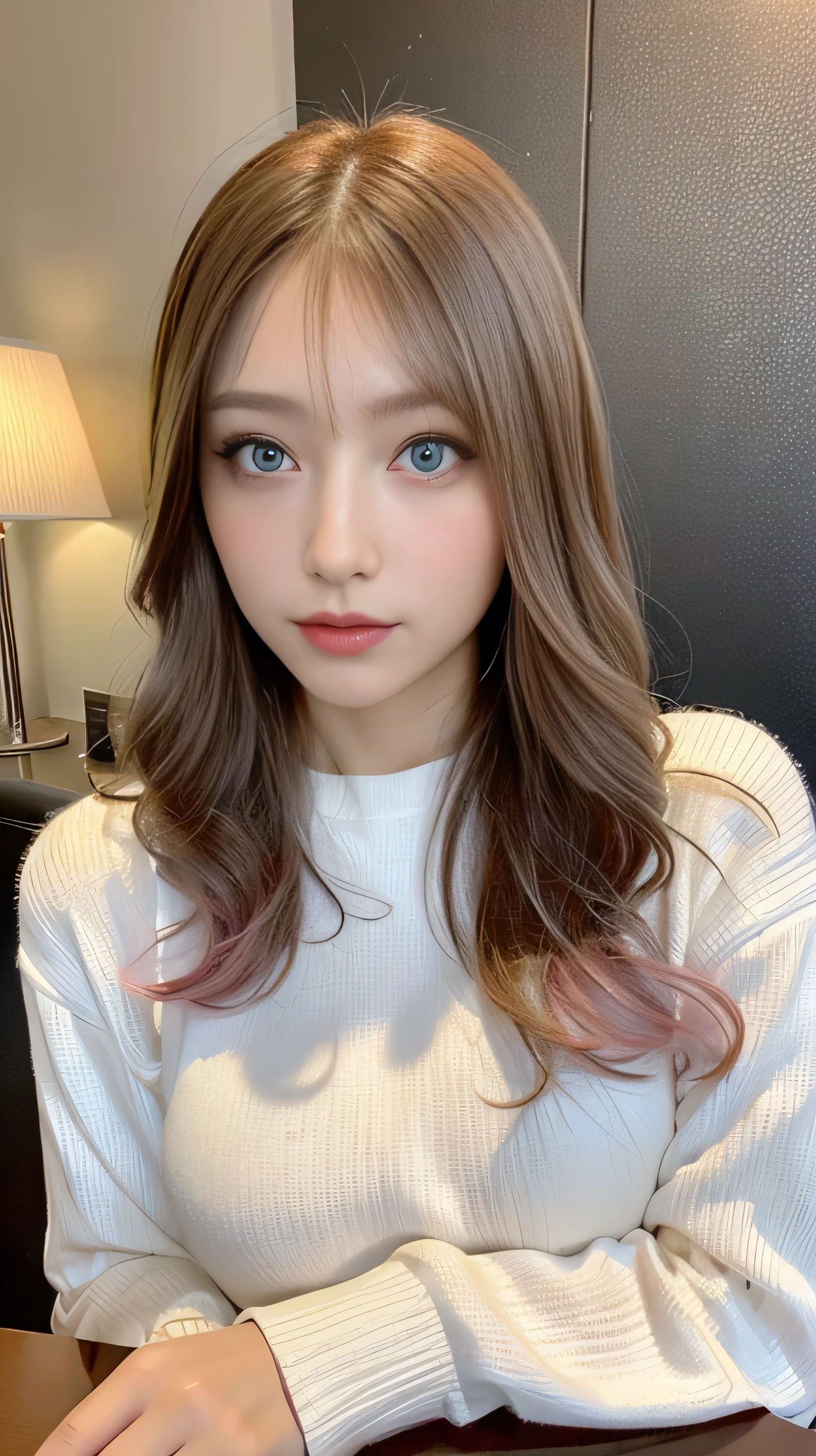 ( table top in front of you:1.3),  high definition ,  ultra detail,  Highly Detailed CG Unity 8K Wallpaper ,  realistic , Photographically,  RAW photo,  beautiful detailed face, 青 white skin,  realistic  glowing skin,  detailed cloth texture, Hair texture details,  perfect body,  beautiful face, Accurate,  Anatomically Correct,  High Definition Face and Skin Textures,  natural neck length with a cross-shaped iris, ( beautiful hands), ( white skin:1.2), Thin legs, Thin legs, break,erect nipple:2.2,hard nipple:1.2,big nipple:1.2, Layered Bob Hairstyle, ( blonde alone、Pink inside),  forest setting , Glowing purple eyes,   Masterpiece ,   best quality ,( realistic : 1.4),超 high definition , Unity 8K, (delicate beautiful eyes:1.6),Symmetric,  highly detailed face,  Complete, (  Perfect Hand,   perfect anatomy over a white blouse ), (hotel room background:1.3), (( maxi knit dress and fur coat 1.3)), ( Play:1.3), ( Big Breasts ,  toned stomach  ), （ wearing a tight white long sleeve sweater like tights）