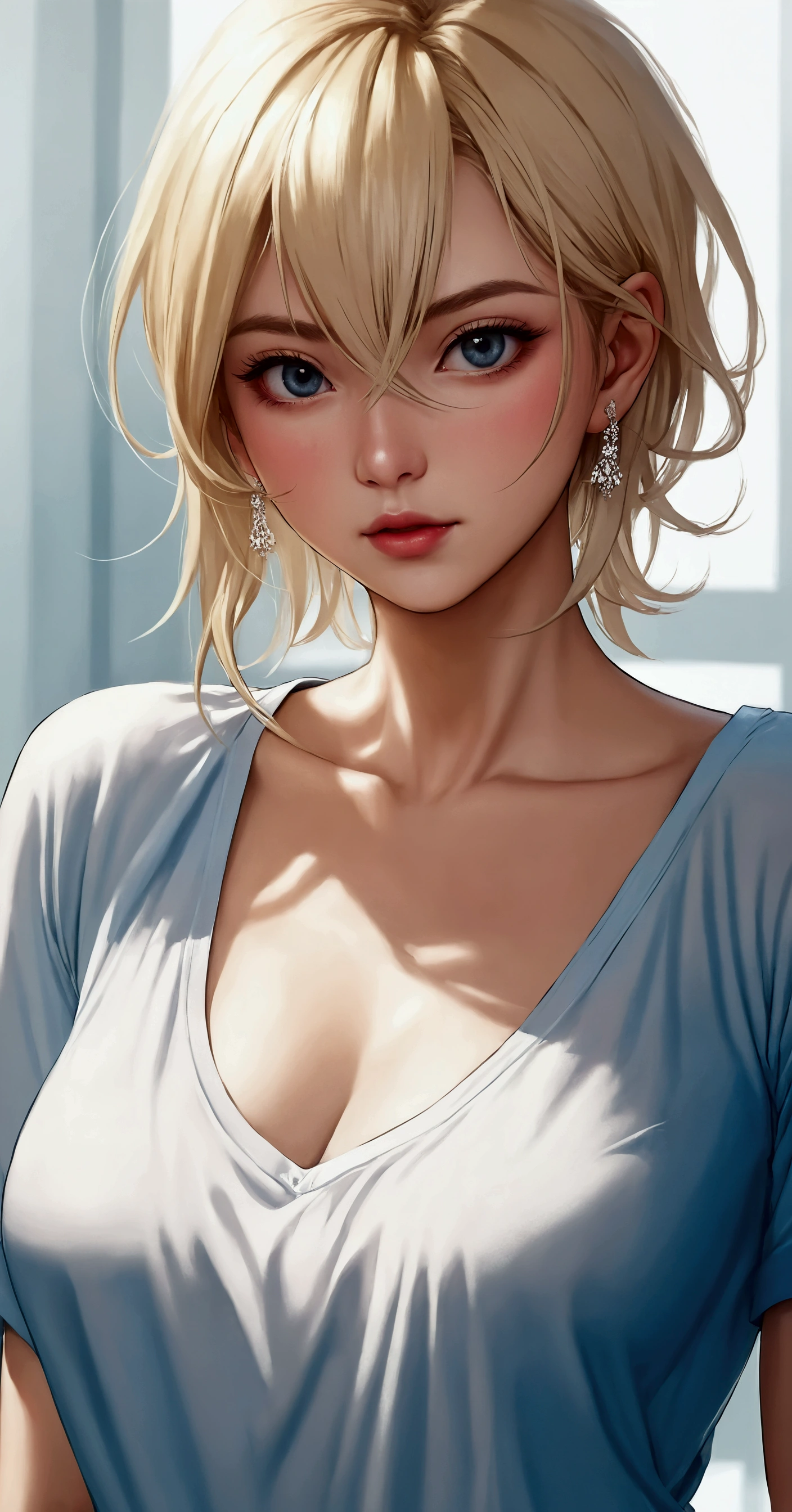 portrait, realistic, elegant mature woman, blue eyes, brown blonde hair, swept-side bang, 4k resolution, high quality cg, beautiful cg, soft light