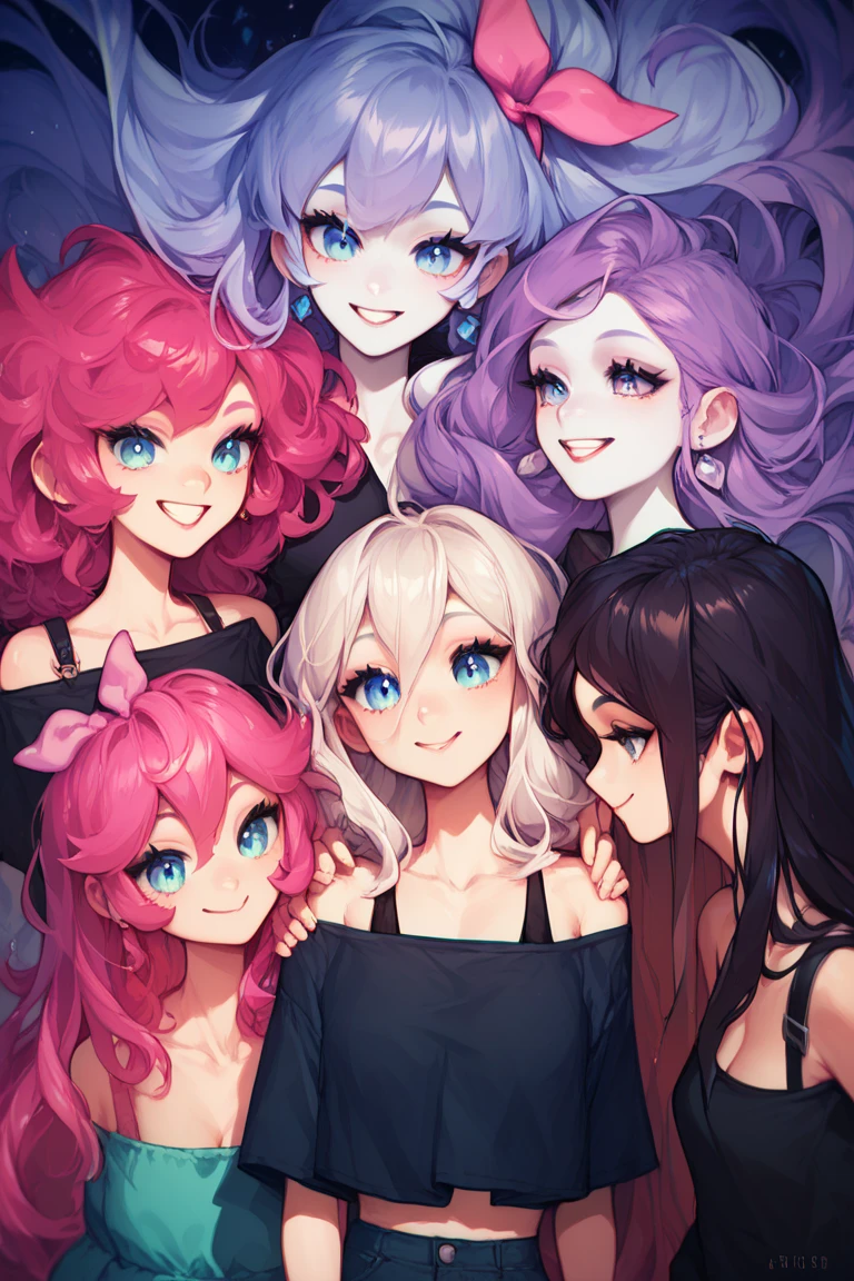 5 girls, long hair, smile, Pink ribbon in the hair , white skin , black shoulder straps, Oversized blue shirt , little, , Big Head, beautiful